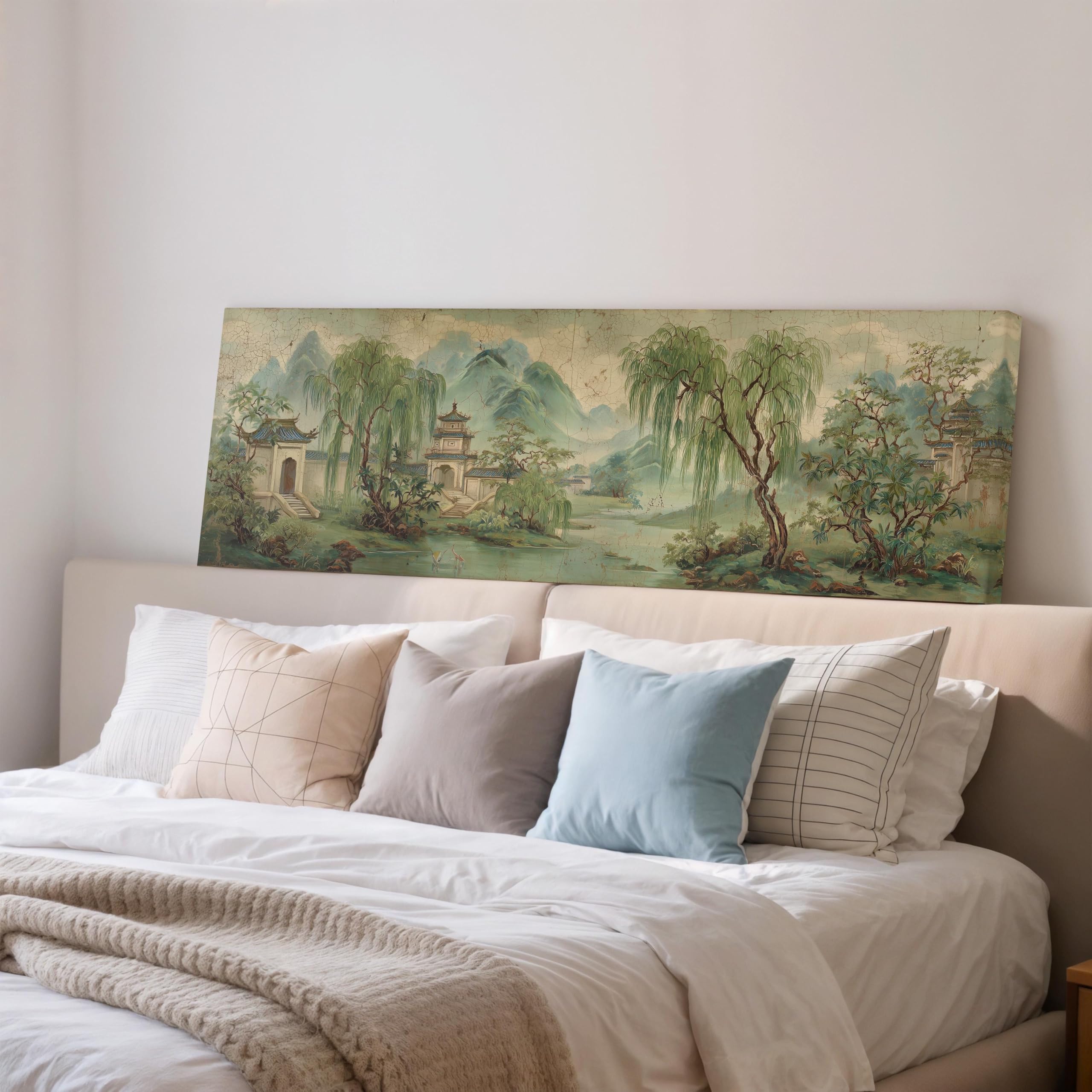 XBTYKPB Vintage Asian Landscape, Long Horizontal Wall Art, Wide Panoramic Framed Canvas, Large size Mural,Japandi Textured Print(65x195cm/Frameless)