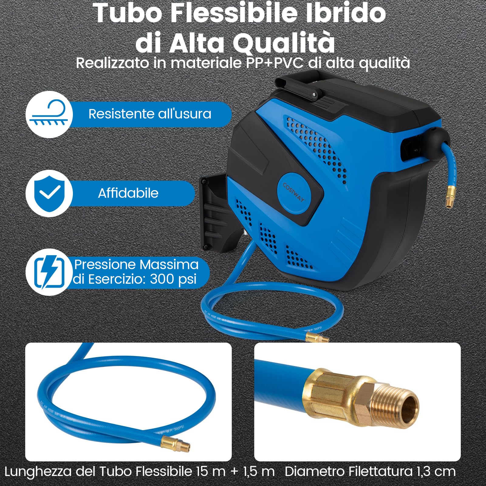 RELAX4LIFE Avvolgitubo da Parete per Irrigazione, Avvolgitore Tubo Acqua Retrattile, 15+1,5 m/20+2 m/30 m, con Supporto Orientabile a 180°, Kit Completo per Irrigazione Efficace, Prato, Giardino (15m)