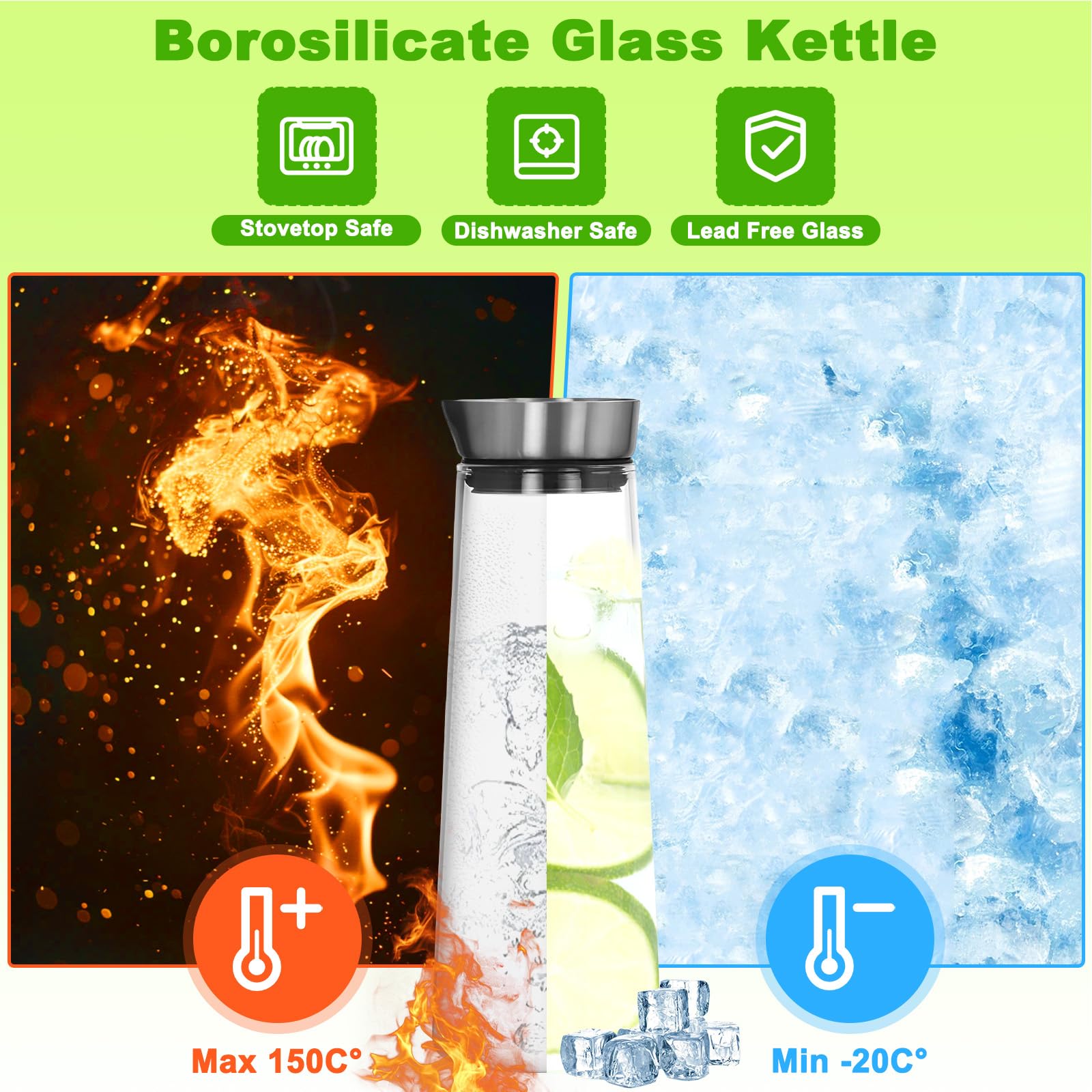 1L Caraffa Vetro con Versatore e Coperchio Acciaio Inox, Bottiglie Borosilicato Resistente, Bottiglia Succo Refrigerante, Brocca Acqua per Latte, Bevande, Ghiacciate, Limonata, Succo Frutta