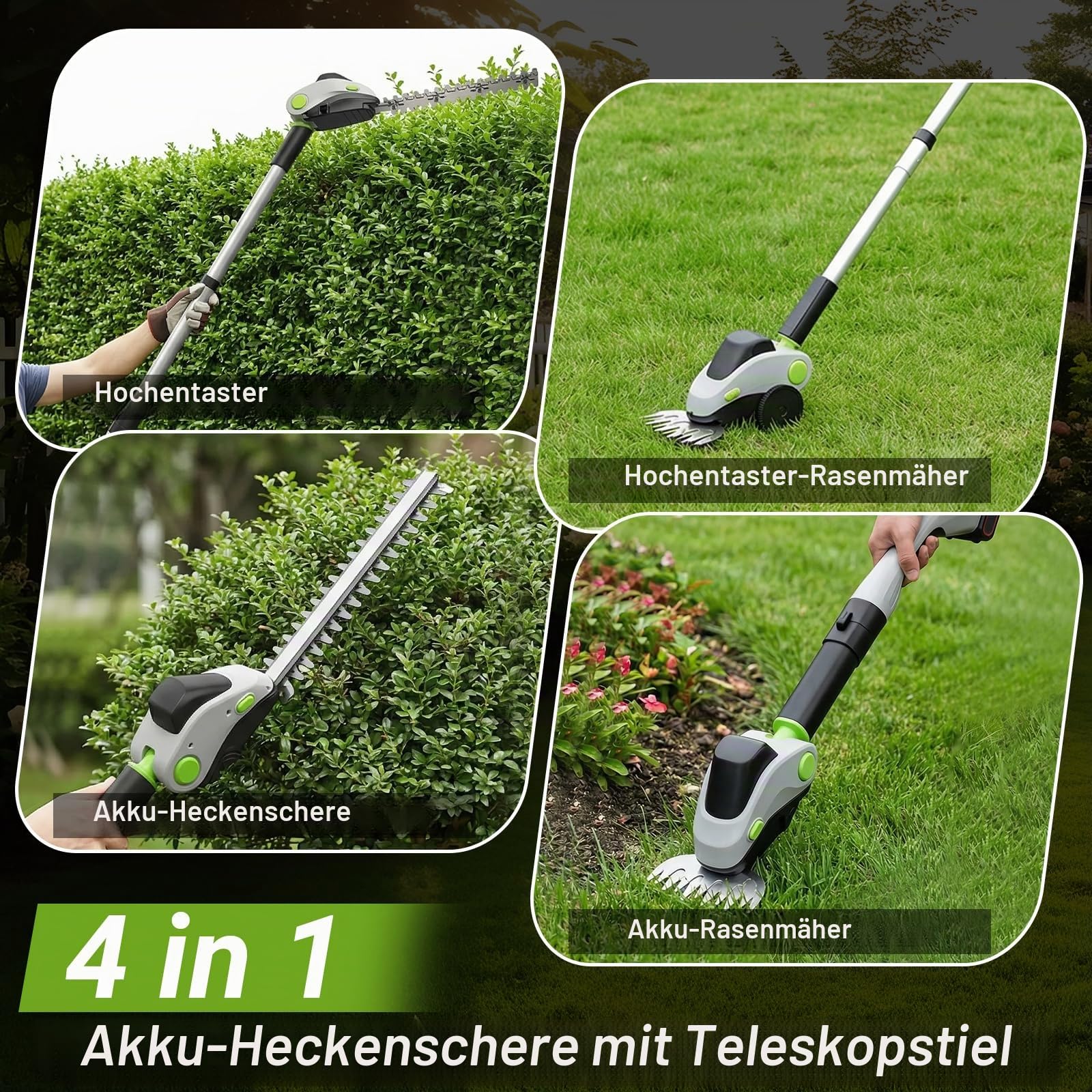 Akku Heckenschere mit Teleskopstiel und Rollen, 4-in-1 Elektro-Teleskop-Astschere & Grasschere mit Leistungsdisplay und 2x21V Akkus, Aluminiumlegierung, Max 1,73m, 110° Verstellbarer Kopf