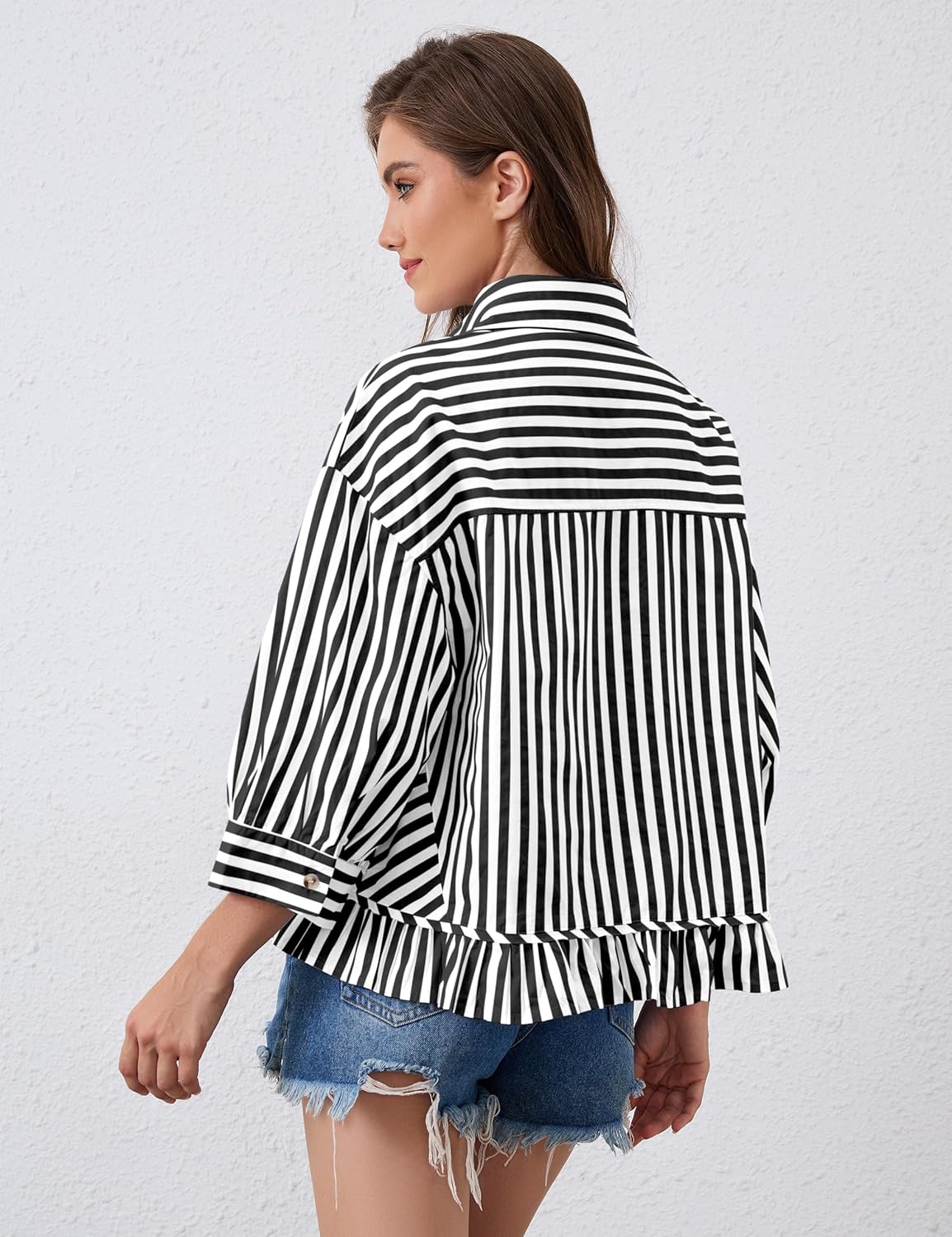Womens 3/4 Length Sleeve Striped Button Down Shirt Loose Fit Drop Shoulder Trendy Ruffle Hem Striped Blouses Top - Image 2