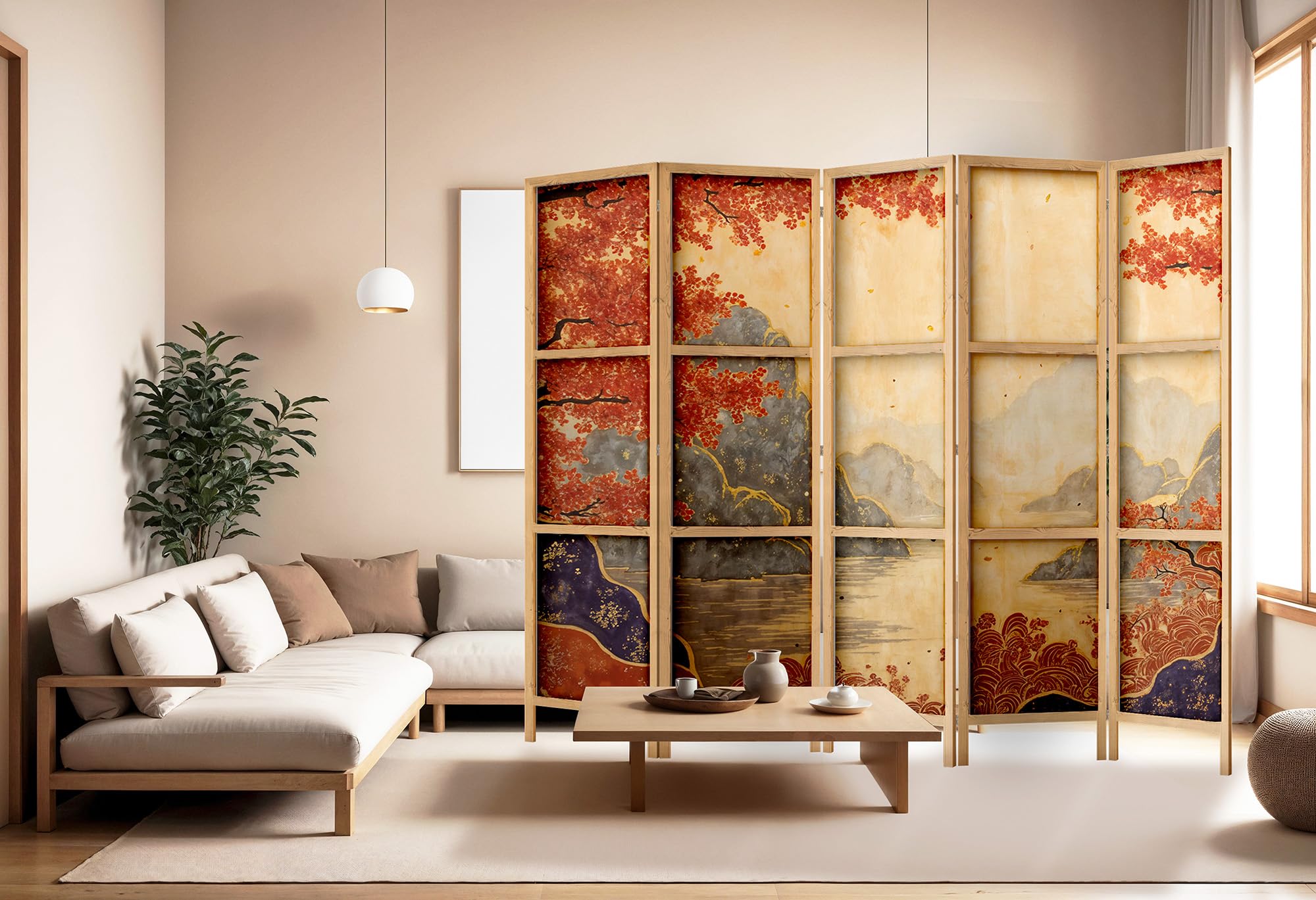 Biombo divisor de ambientes de madera 225x172 cm, 5 paneles, de un solo lado, estilo oriental