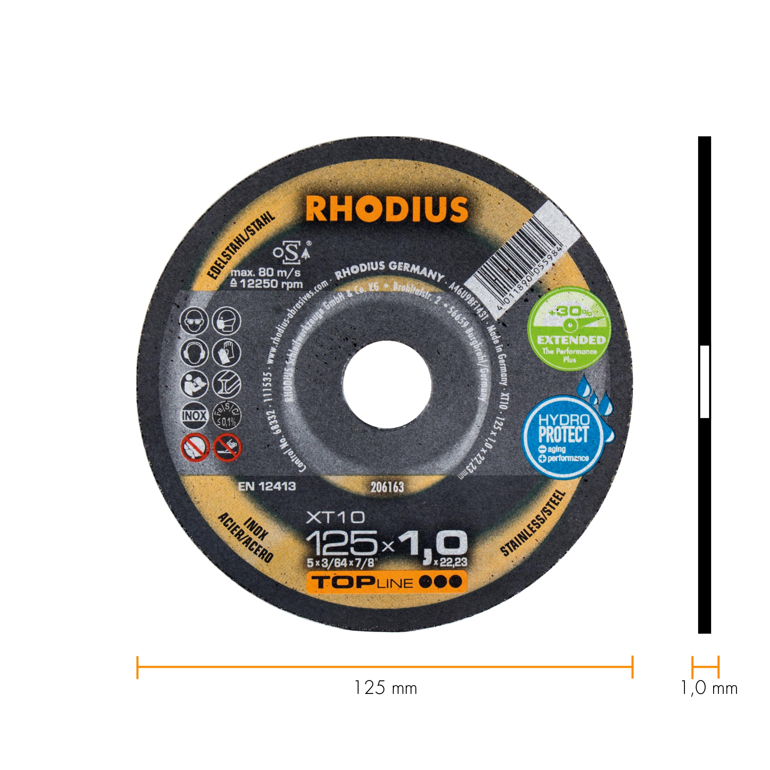 RHODIUS - Dischi da taglio extra sottili in acciaio INOX XT10 EXTENDED, diametro 125 mm, per smerigliatrice angolare, 25 pezzi