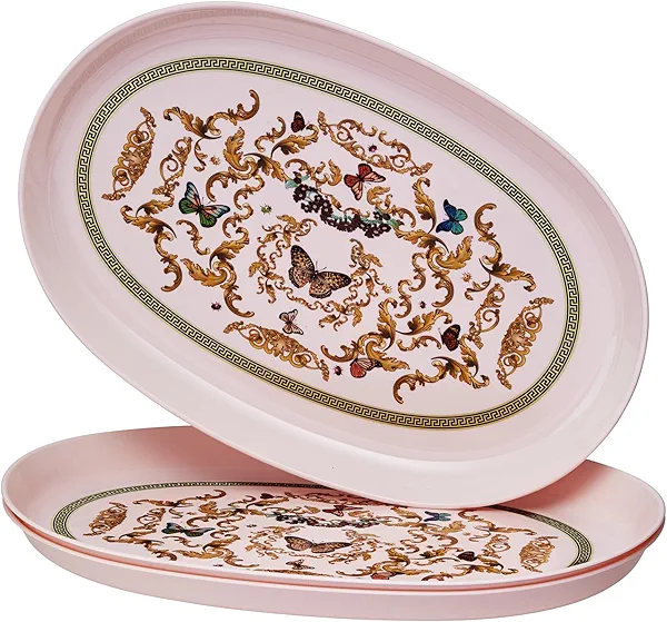 SILVER SPOONS Butterfly Garden Serving Trays (3 PC) Disposable Platters for Party 12" x 7", Plastic Trays for Food, Snacks, Charcuterie, Desserts, Sweets, - Blush - Versi
