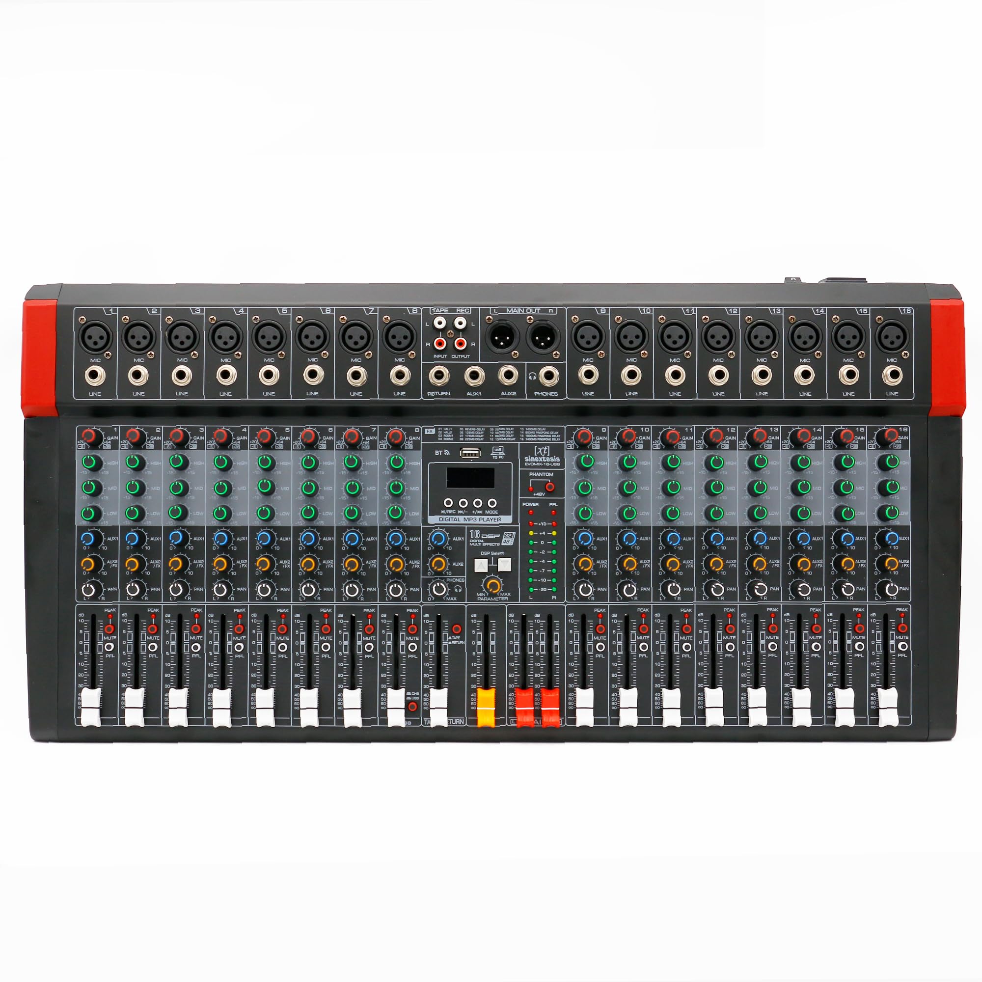 Mixer Audio/Scheda Audio 16 canali, multieffetto DSP, interfaccia USB, Lettore MP3 integrato per riprodurre e registrare, Connettività Bluetooth (EVOMIX-16-USB)