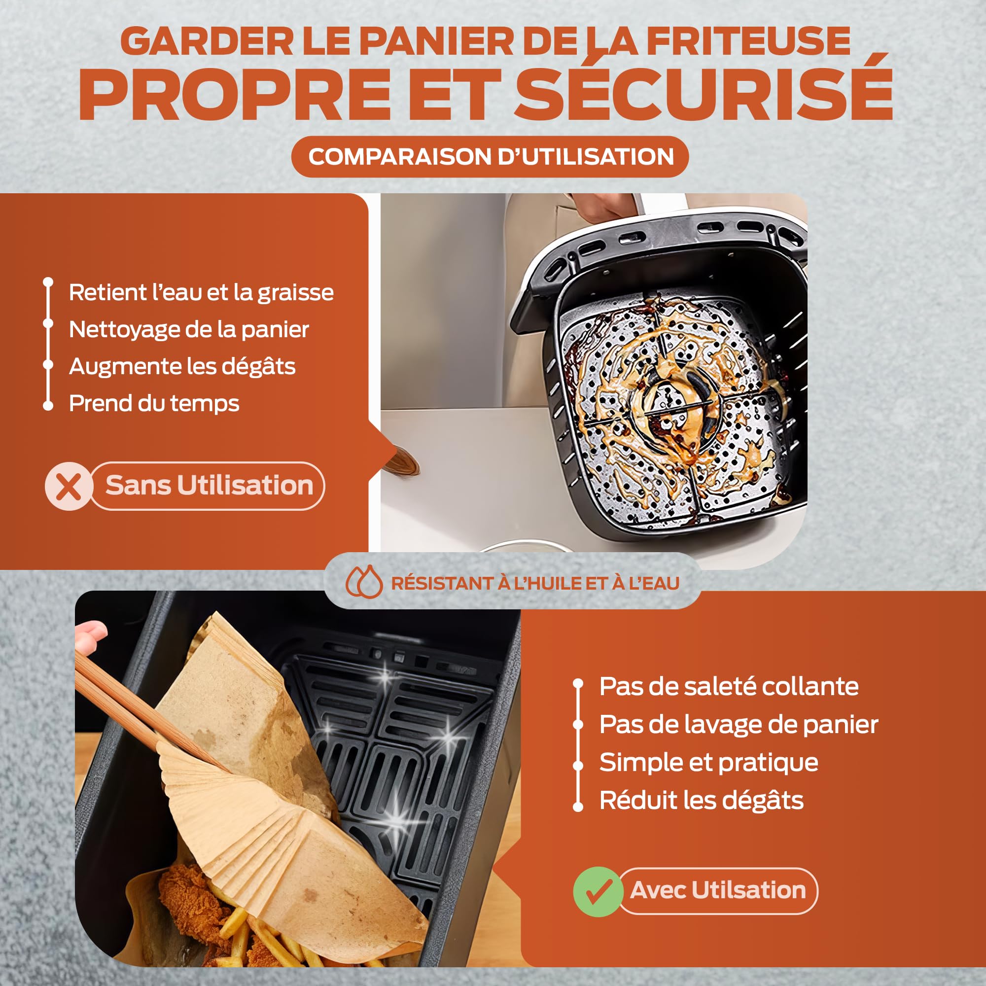 PORTENTUM Papier cuisson air fryer - 100 pièces Food-Grade sans BPA, 20×24 cm, adapté friteuses 5–8 L, solution idéale pour préparation saine
