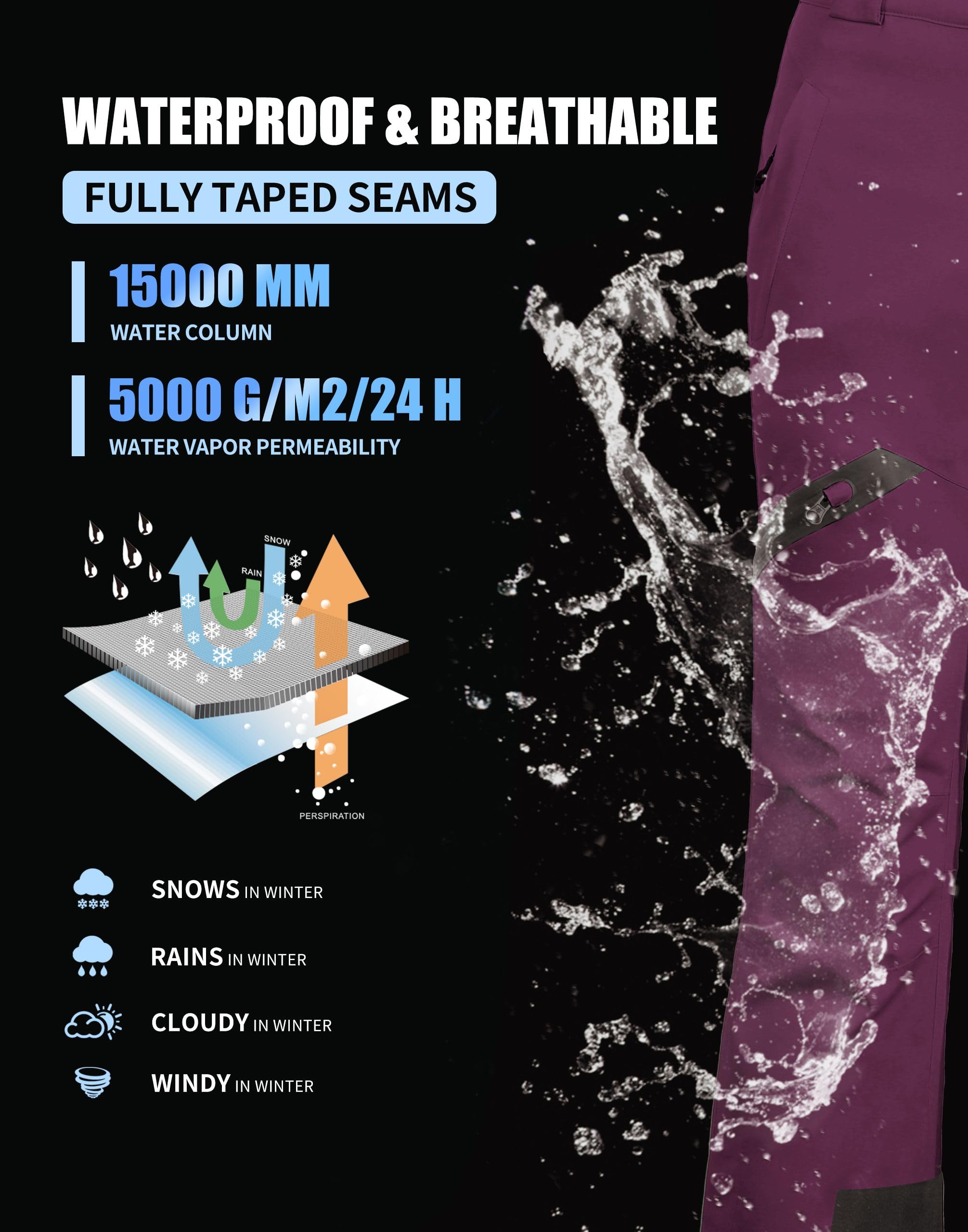 Pioneer Camp Pantaloni da Sci da Donna Cuciture Nastrate Impermeabili Ghette da Neve Integrate Ginocchio Articolato Bretelle Staccabili Regolabili Pantaloni Softshell Invernali da Esterno