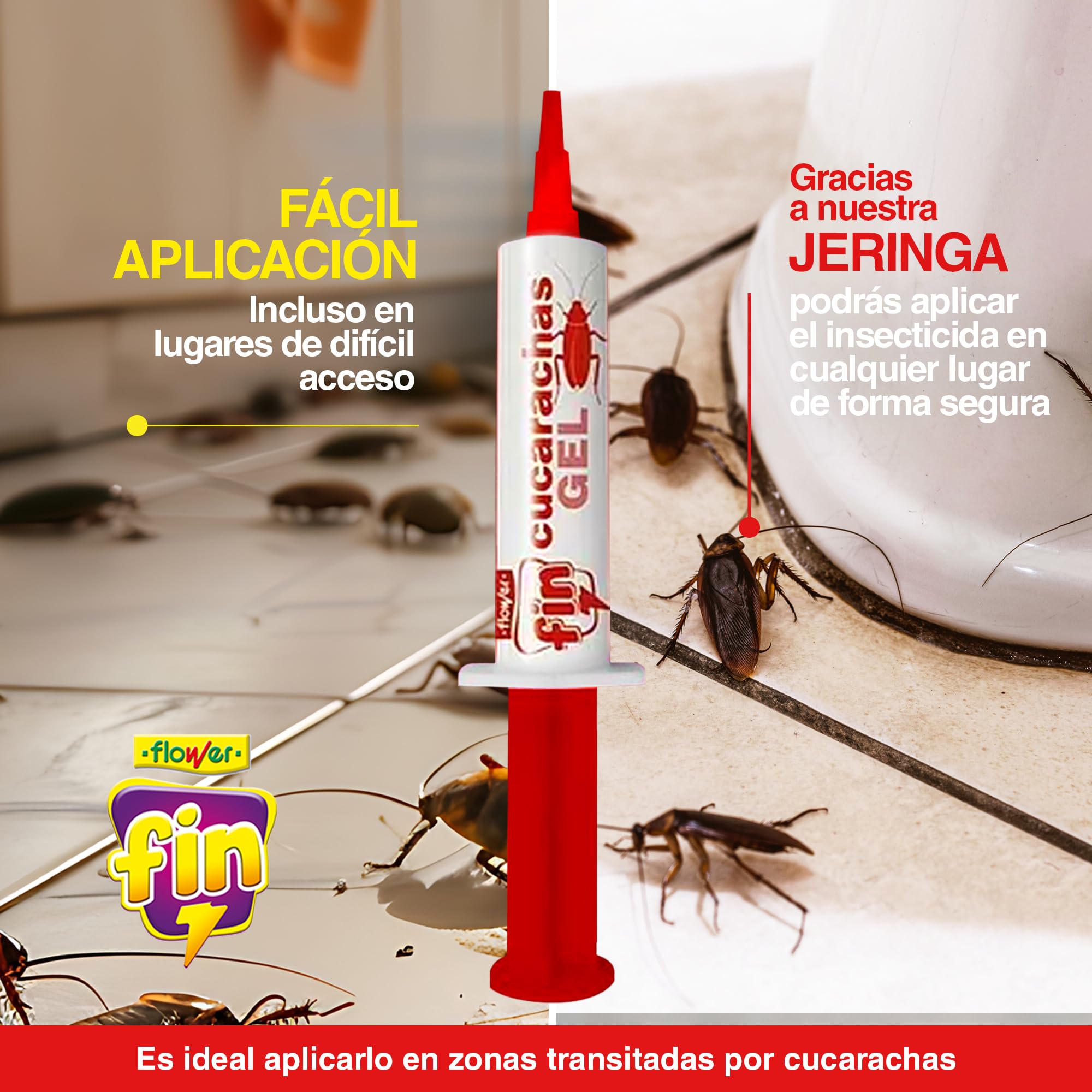 FLOWER x 6 Insecticida Anti Cucarachas Formato Jeringa 10 gr | Jeringuilla Anticucarachas Eficaz Elimina y Mata Cucaracha | Gel Atrayante y Duradero | Interior y Exterior | Aplicación Fácil y Segura