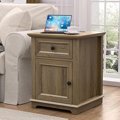 Miniatura 13 de Mesa auxiliar con estación de carga, mesa auxiliar de 18 pulgadas con cajón, mesita de noche para sala de estar, mesita de noche de 24 pulgadas de