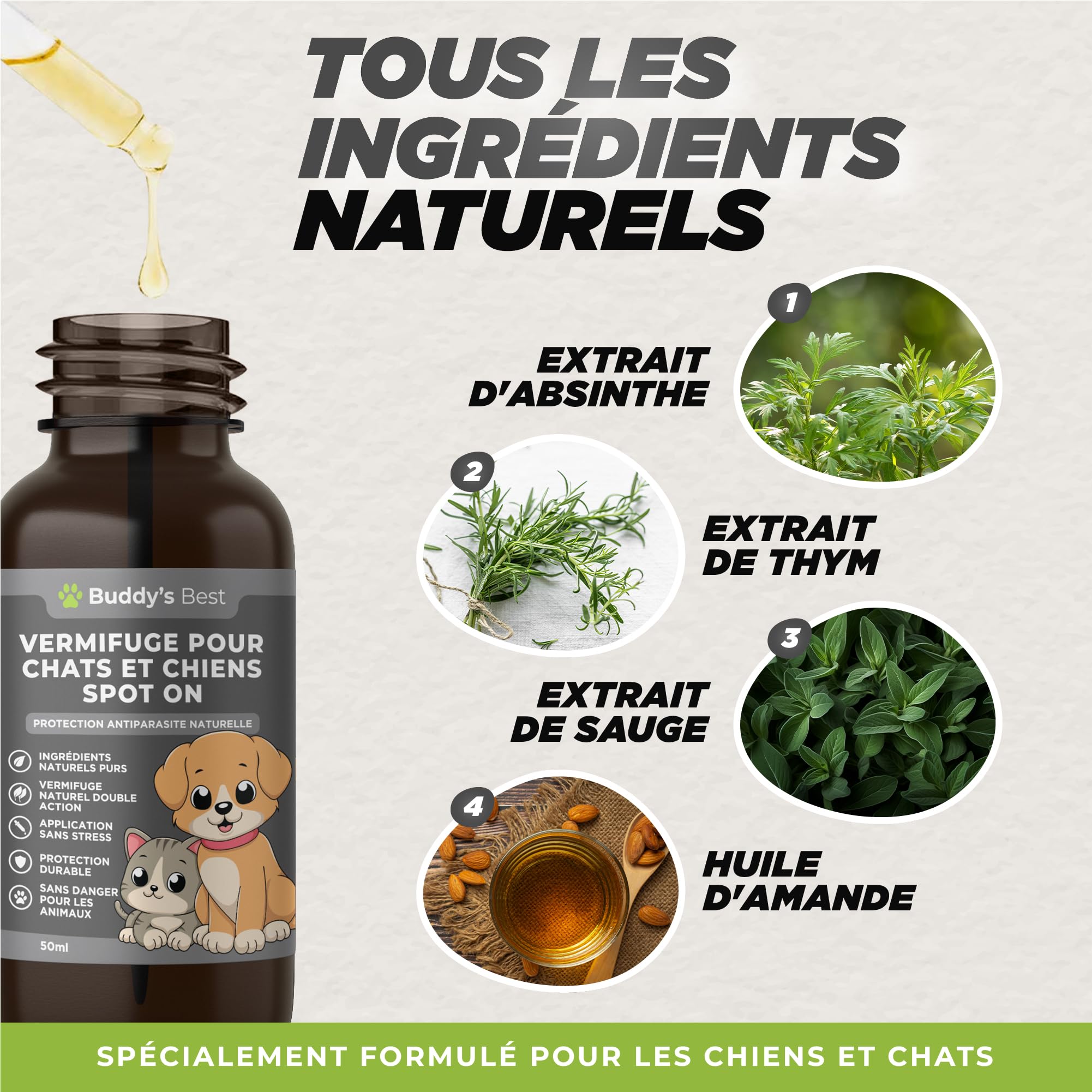 BUDDY'S BEST 50ml Spot on Vermifuge Chat et Chien - Anti vers Chat et Chien - Protection Naturelle Contre Les Parasites