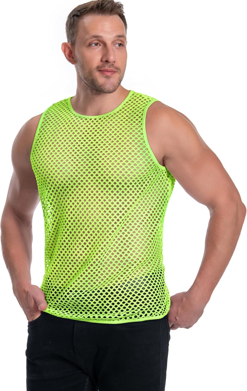 Men's Mesh Fishnet Muscle Top See Through Shirts Fitted Crew Neck Tee Clubwear - Image 5