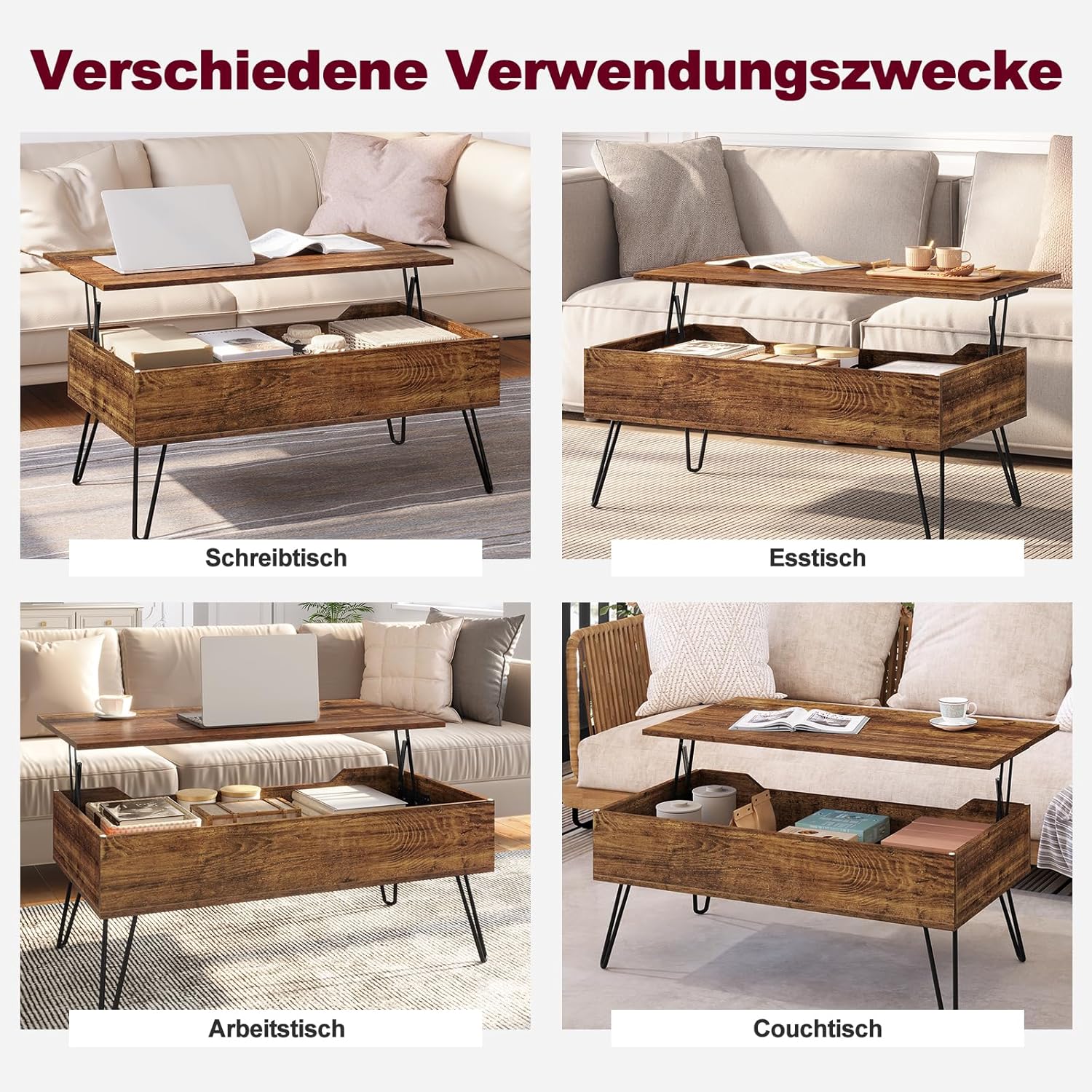 The WOLTU coffee table with its top lifted, showcasing the hidden storage compartment filled with books and other items.