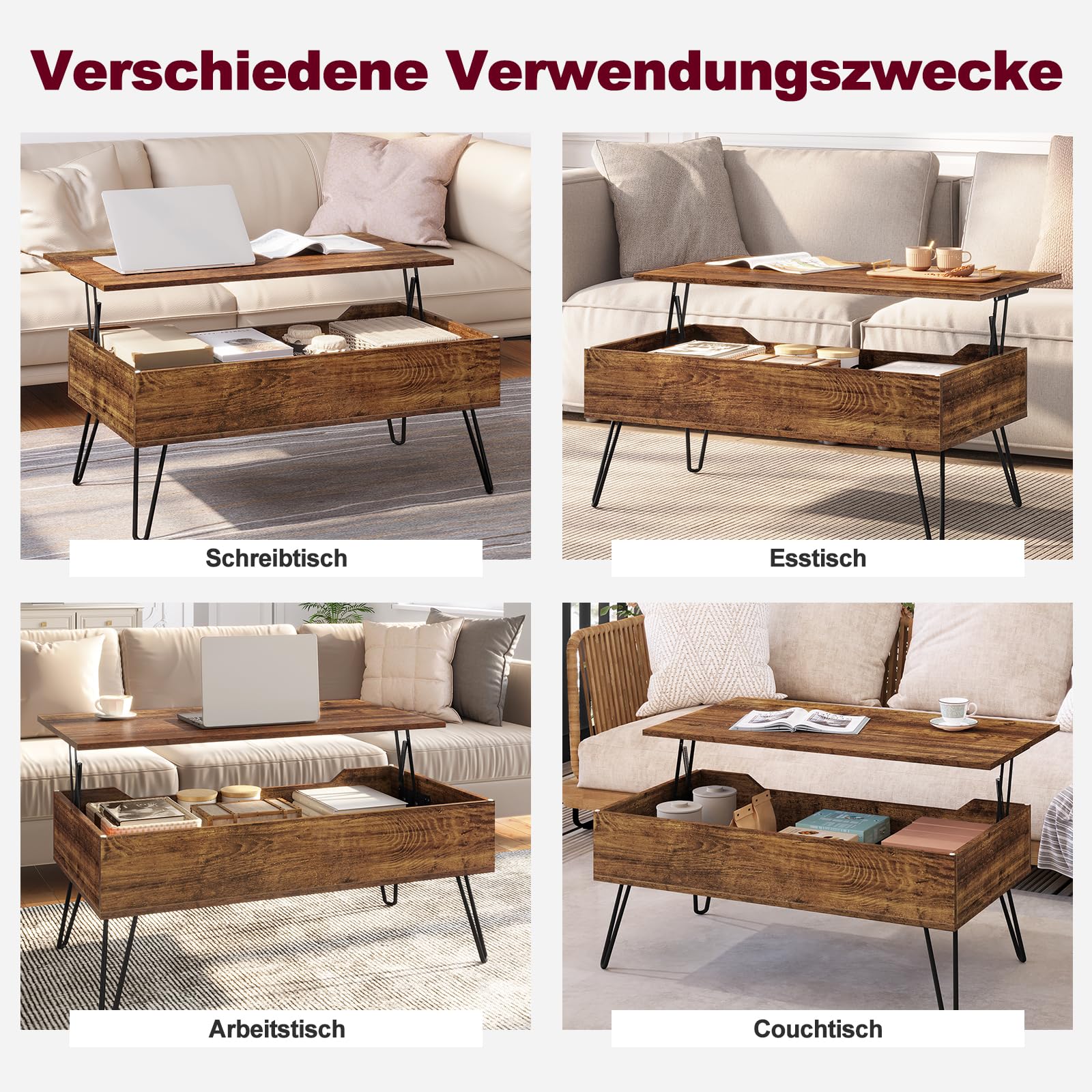 WOLTU Couchtisch Wohnzimmertisch höhenverstellbar ausziehbar, Kaffeetisch mit verstecktem Stauraum, für Wohnzimmer Büro, Metallbeine, 95x(40-55,5) x50 cm, Vintage-Holzoptik Schwarz, BTS18hov