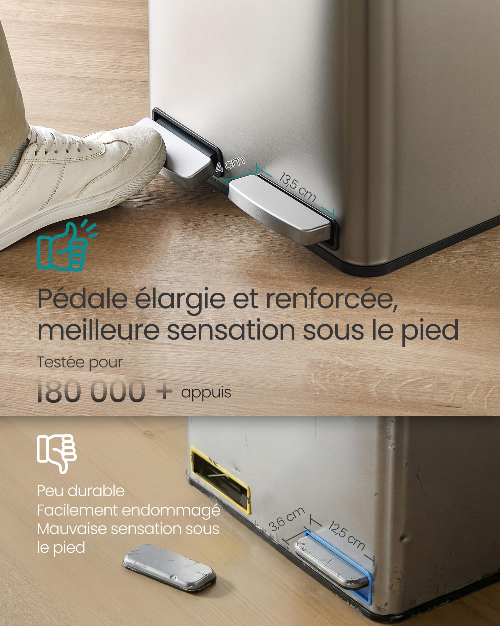 SONGMICS Poubelle de Cuisine 2 x 15 L, Corbeille de Tri 2 Compartiments, avec 15 Sacs Poubelle, Seaux Amovibles, avec Couvercle, Poignées, Fermeture en Douceur, en Acier Inoxydable, Argent LTB130EZ01
