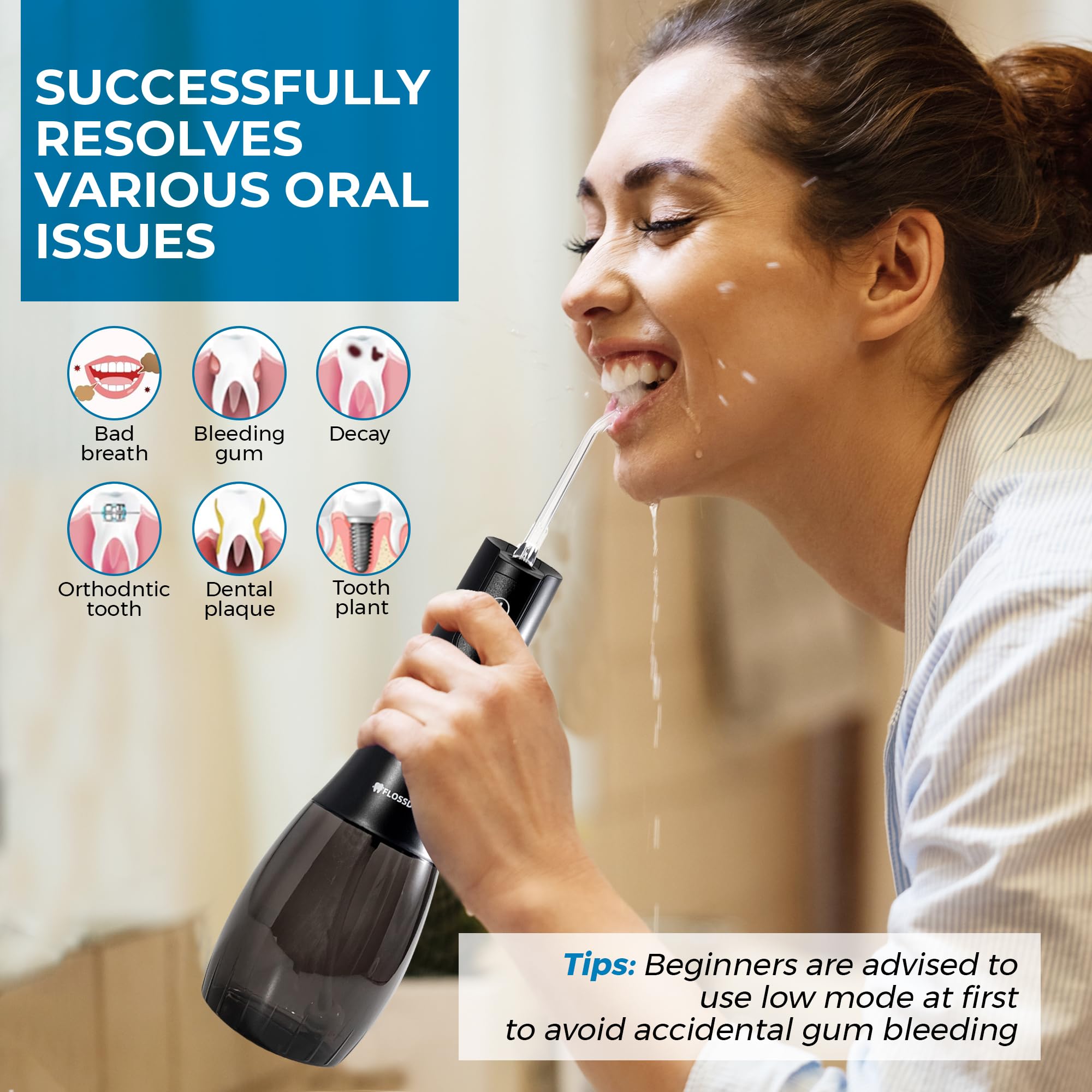 Irrigador bucal para aparatos ortopédicos y removedor de piedras de amígdalas, tanque de 400 ml, IPX8 impermeable, irrigador dental con 6 puntas, incluyendo raspador de lengua, irrigador oral para