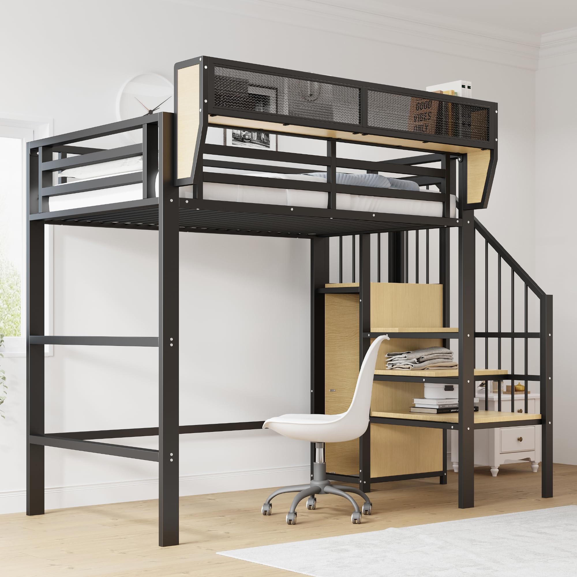 vutizal Metalowe łóżko piętrowe, rama łóżka, 90 x 200 cm, kolor czarny, schowek na schody do zabudowy, sprawdzony pod kątem bezpieczeństwa, montaż bez materaca, do pokoju młodzieżowego
