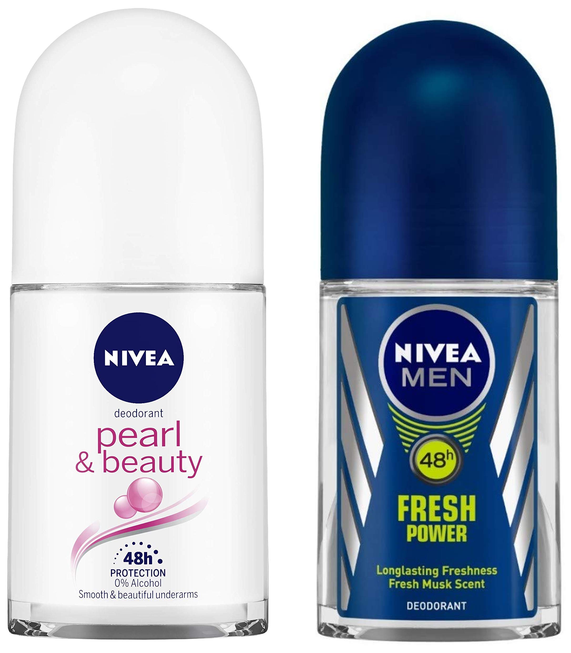 Nivea Deodorant Roll On, Pearl & Beauty for Unisex, 50ml And Deodorant Roll On, Fresh Power for Men, 50ml