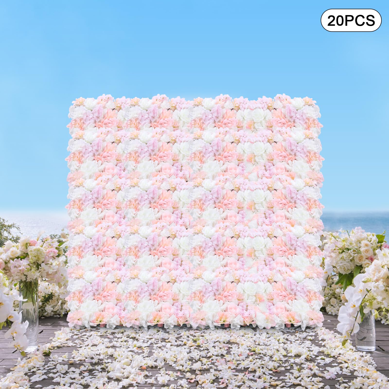 20 pannelli di fiori artificiali, pannello di fiori finti rosa con rose e piante acquatiche, decorazione fiori artificiali, sfondo floreale, decorazione da parete 3D per matrimoni, balconi, giardini
