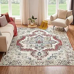 ESSMOKO Tapetes tapete turco persa para casa, sala de estar, quarto, mesinha de cabeceira, lavável à máquina, tapete de vários tamanhos, padrão vermelho desgastado, 90 x 150 cm