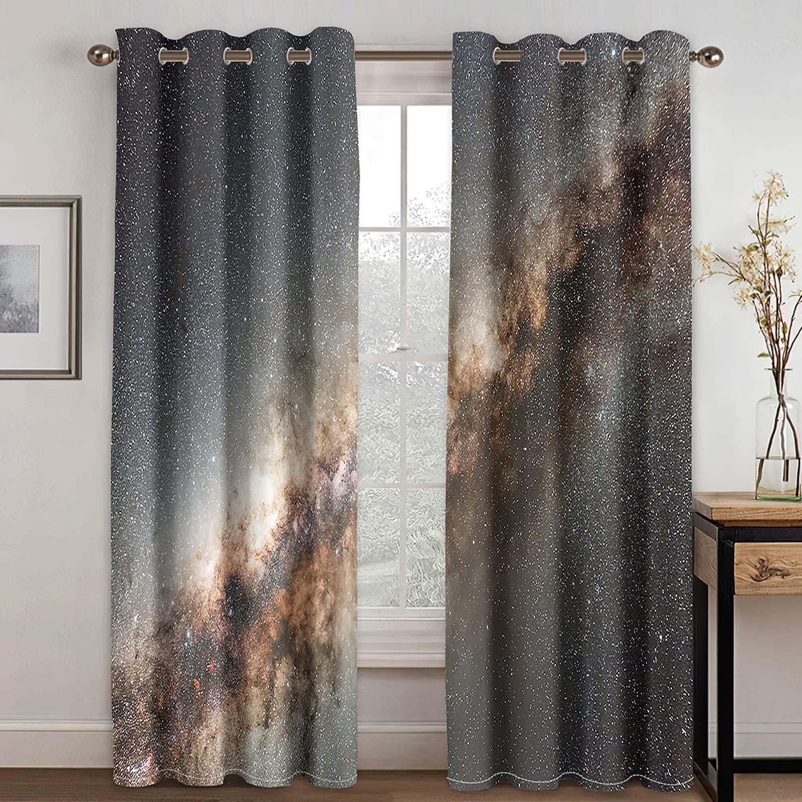 Cortinas opacas para interiores, juego de 2 unidades, cortina opaca con anillas, diseño de paisaje de cielo estrellado, universo, cortinas para dormitorio o salón moderno, 107 x 138 cm (ancho