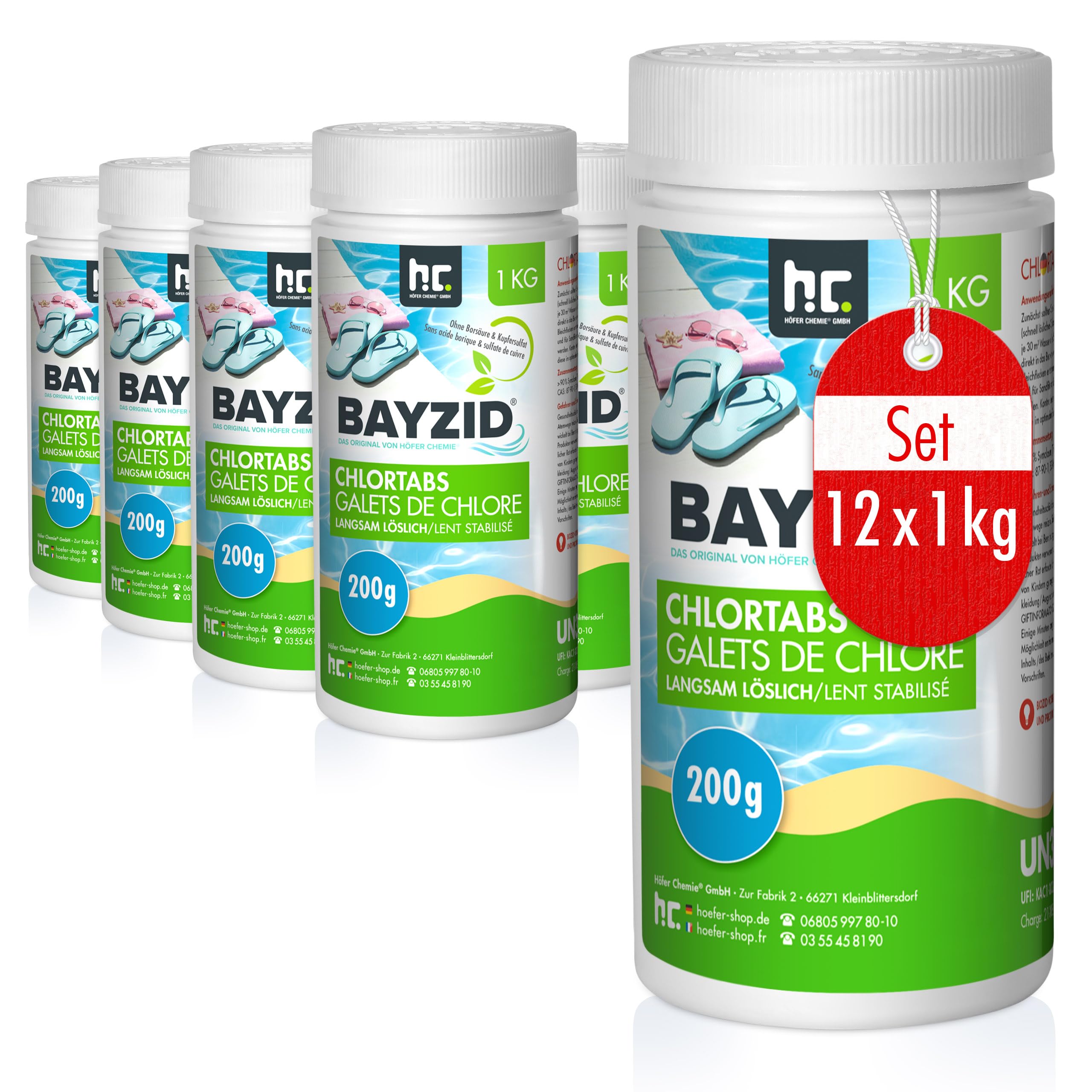Höfer Chemie 12 x 1 kg Galets de Chlore Lent (200 g) pour Piscine | Chloration Permanente de la Piscine - Hautement Efficace contre les Bactéries - Désinfection Longue Durée