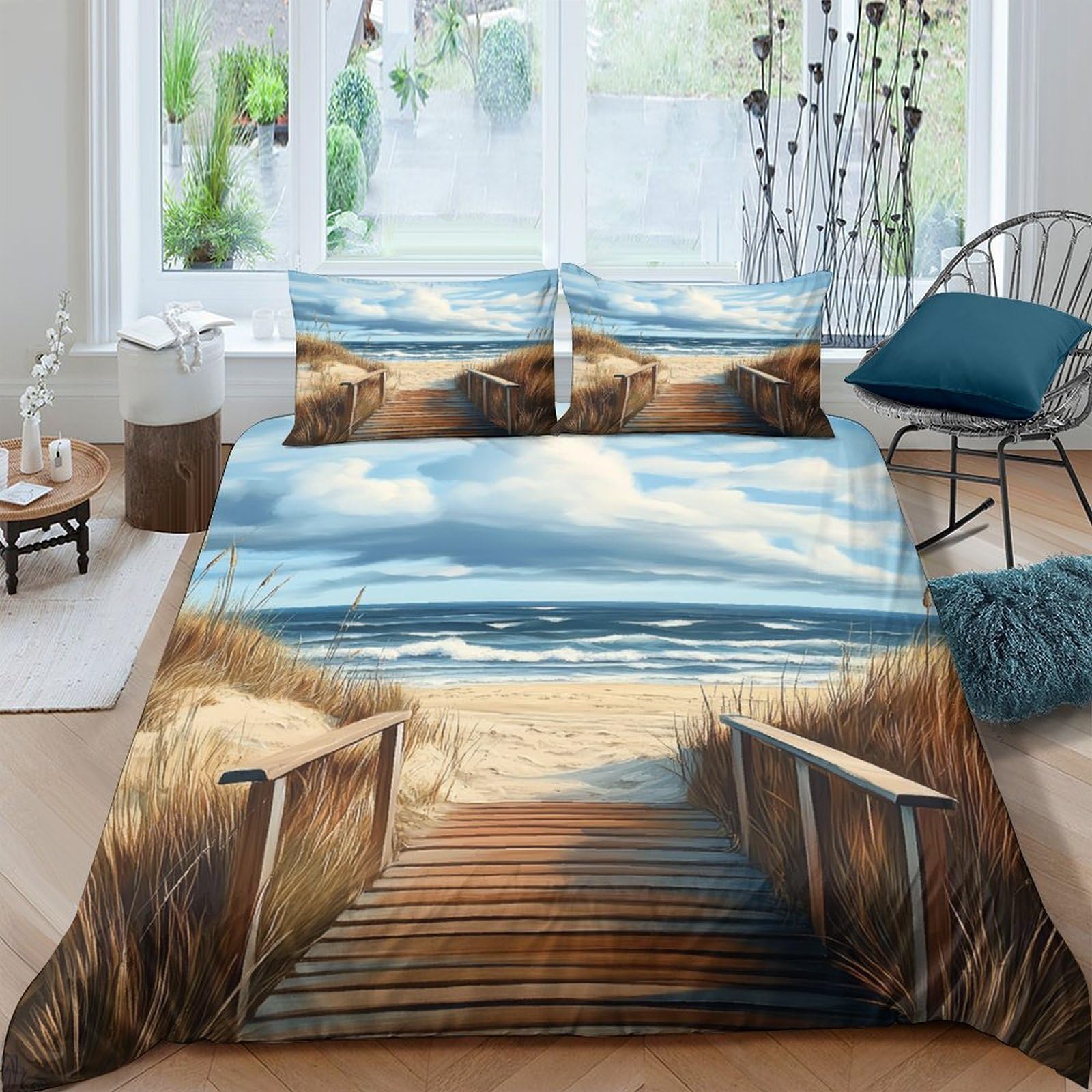 Ctjqhvkz Style-4 3D Printed Seaside Boardwalk Fitted Sheet Microfiber Soft Breathable Ocean View Mattress Cover Bedroom Decor Single（135X200cm）