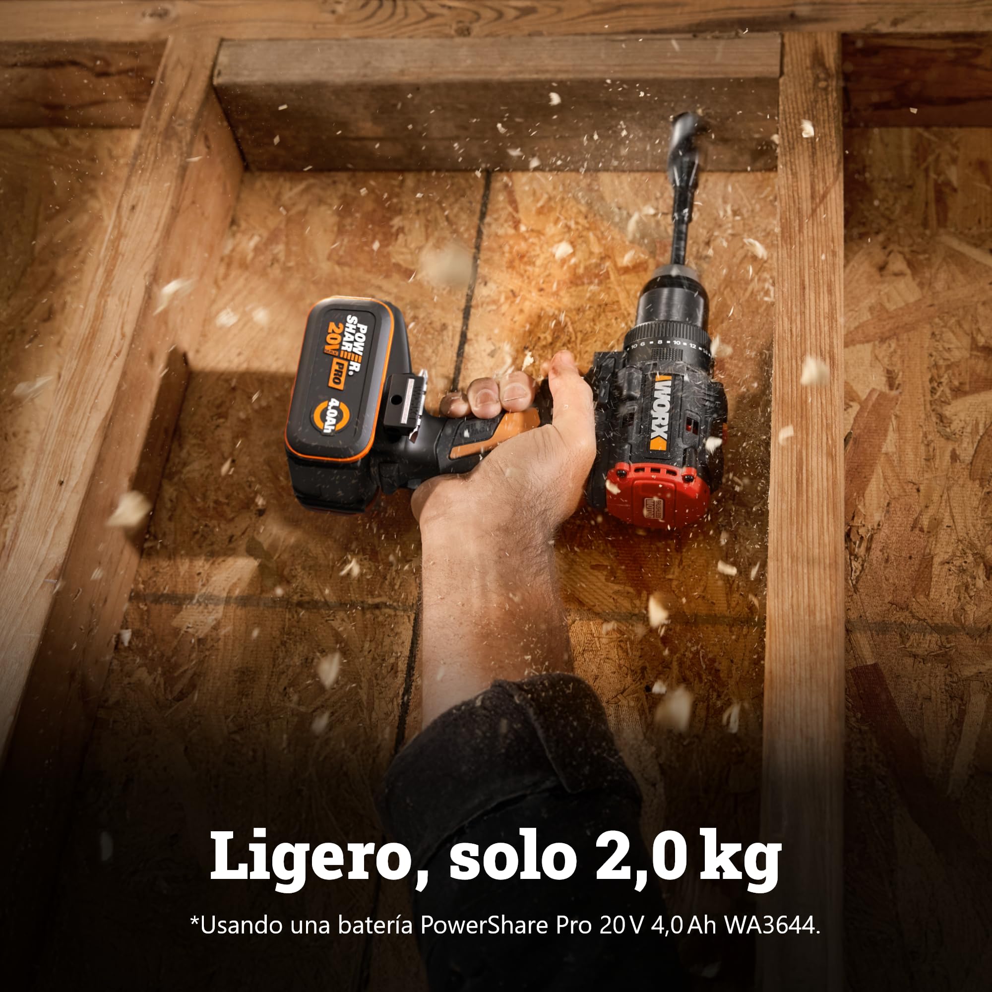 WORX - Taladro atornillador de percusión inalámbrico de 20 V WX356, par máximo de 85 Nm, motor sin rosca, diseño compacto, iluminación led integrada, viene con 2 baterías, cargador, mango auxiliar