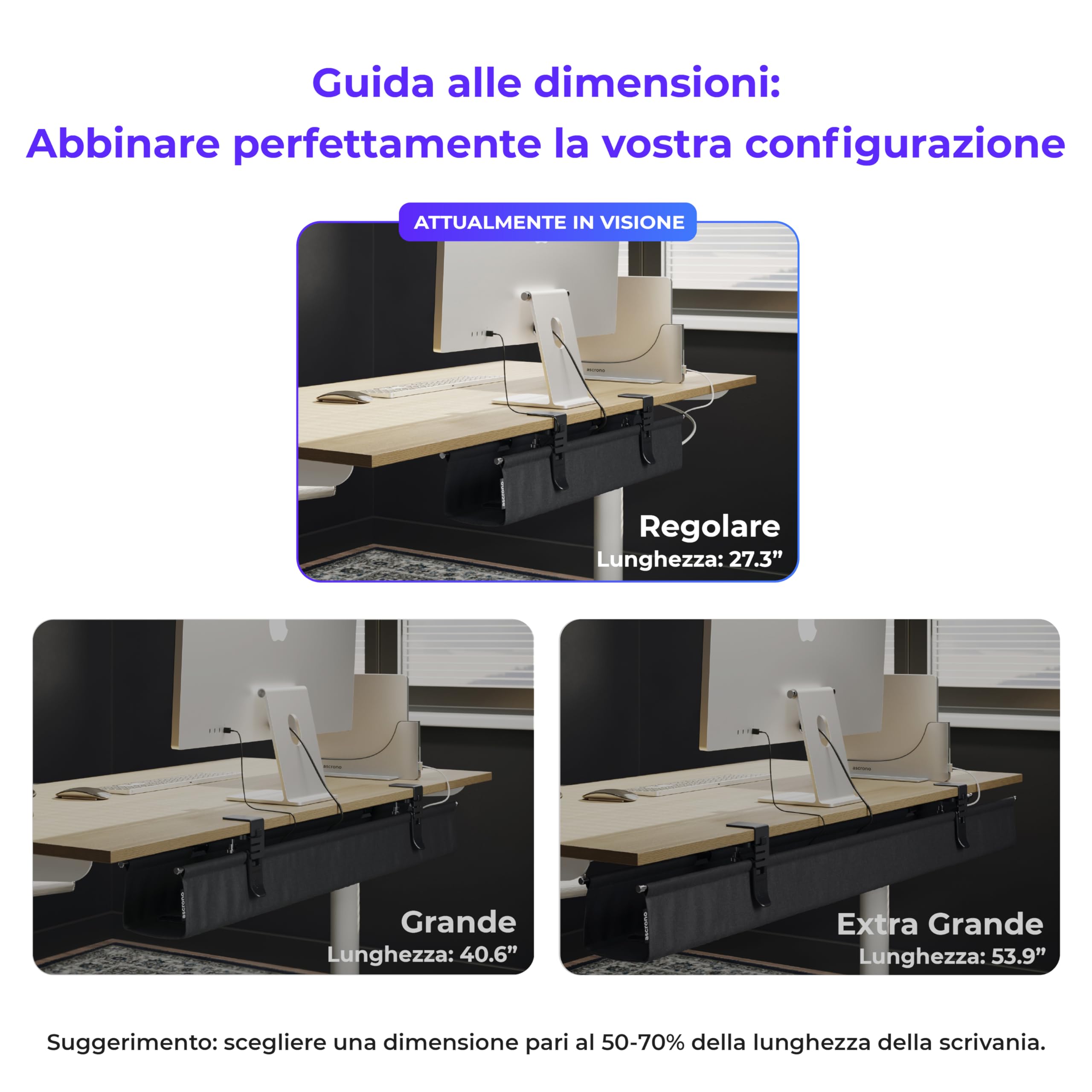 Ascrono Vassoio per la gestione dei cavi da 69,3 cm, in tessuto nero di alta qualità, per la gestione dei cavi sotto la scrivania, con morsetto/vite, supporta fino a 29,9 kg