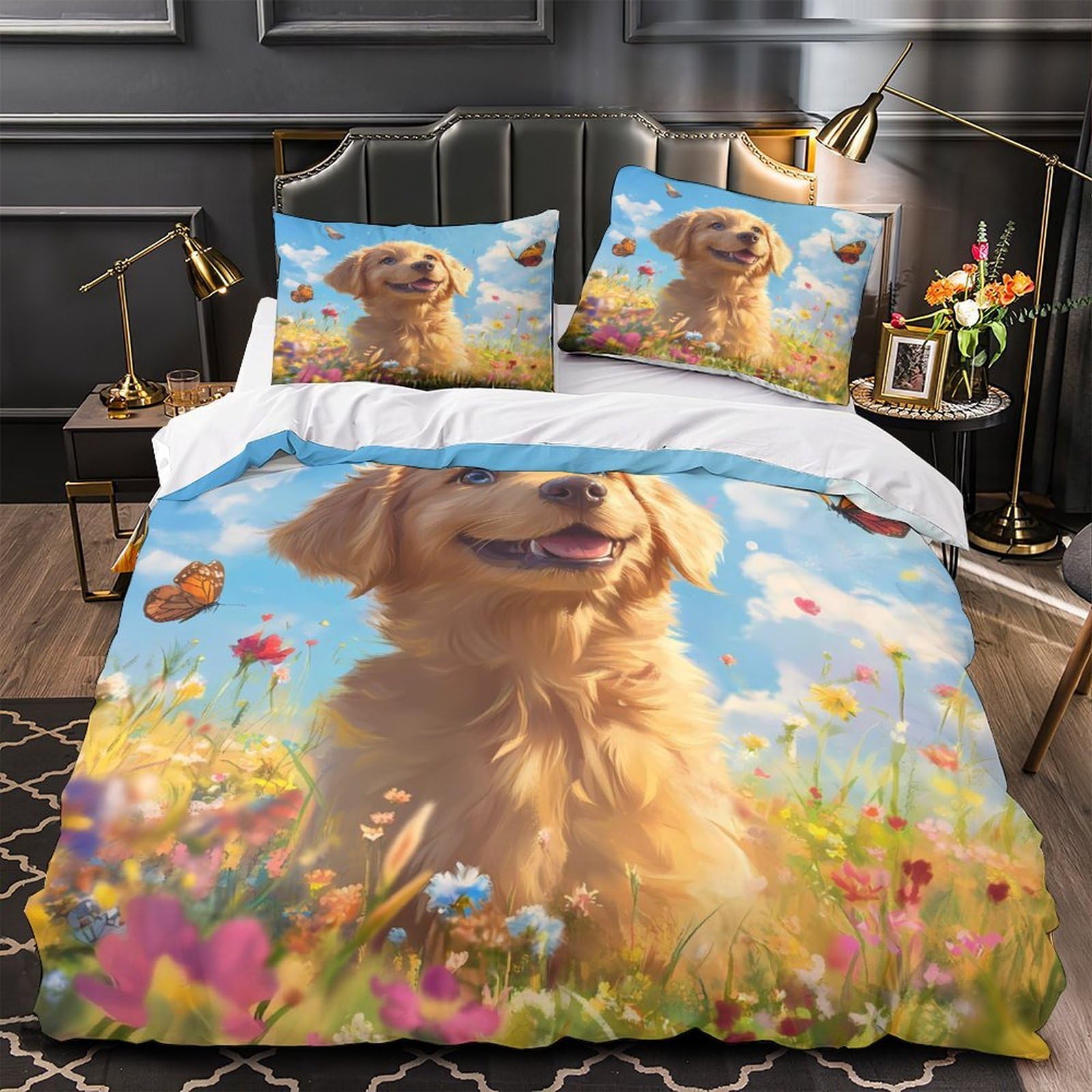 Parure de Lit Chiot Doré Hypoallergénique en Microfibre Douce 140x200