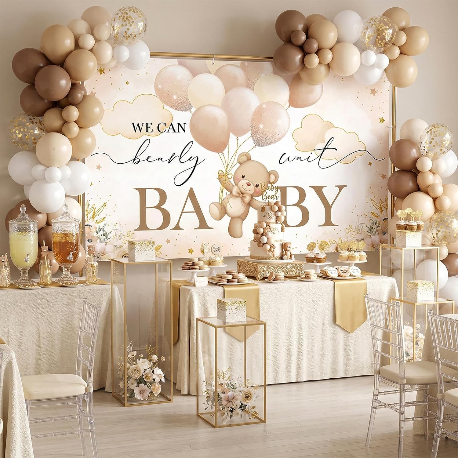 270 Pcs We Can Bearly Wait Baby Shower Decorations: Bear Baby Shower Banner Balloons Disposable Bear Themed Plates and Napkins Cups Tablecloth, Serve 24