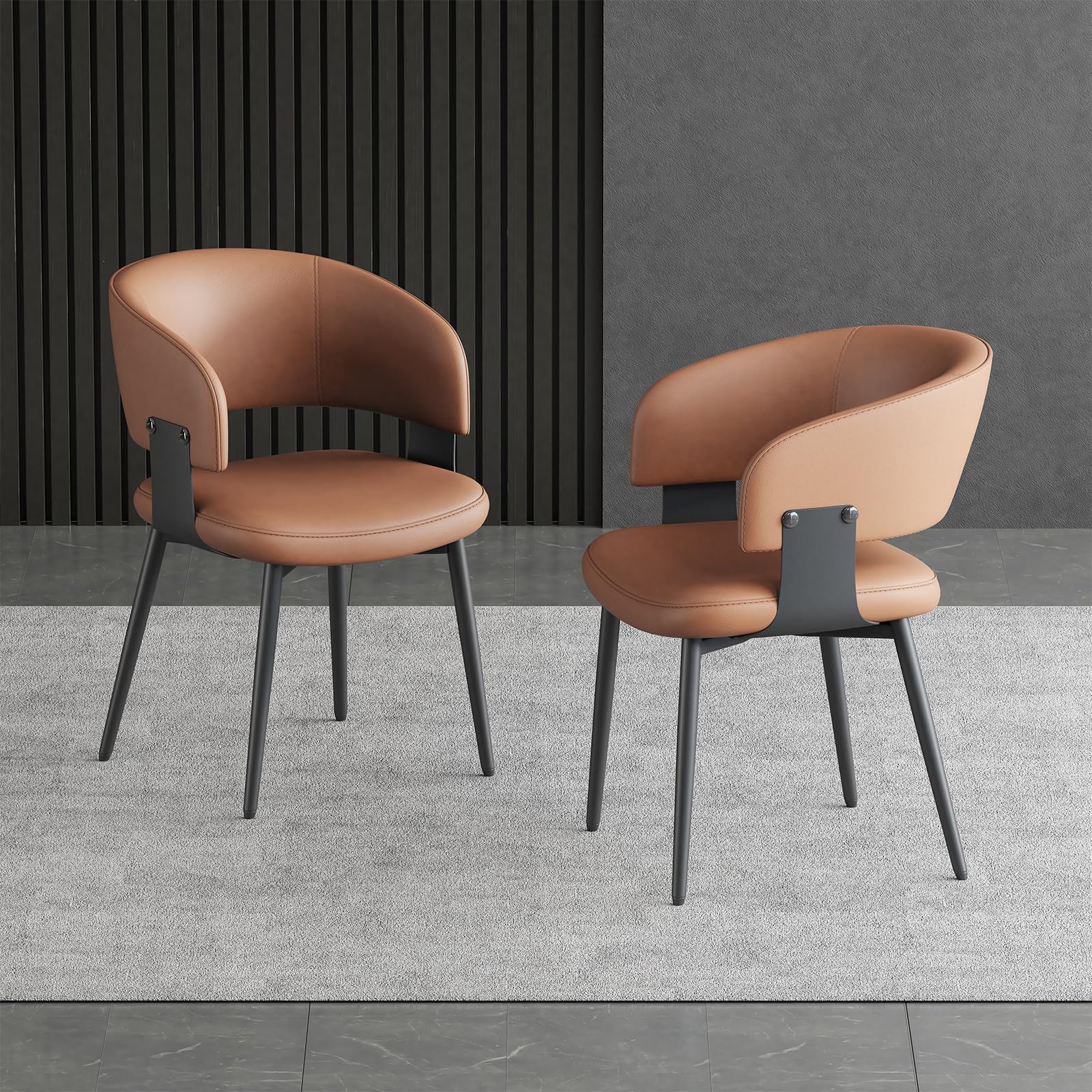 ywxibanjiaju Modern Dining Chairs Set of 2, Faux Leather Upholstered Kitchen Chairs with Curved Back and Metal Legs, Mid Century Chairs for Dining Room, Kitchen, or Café (Brown)