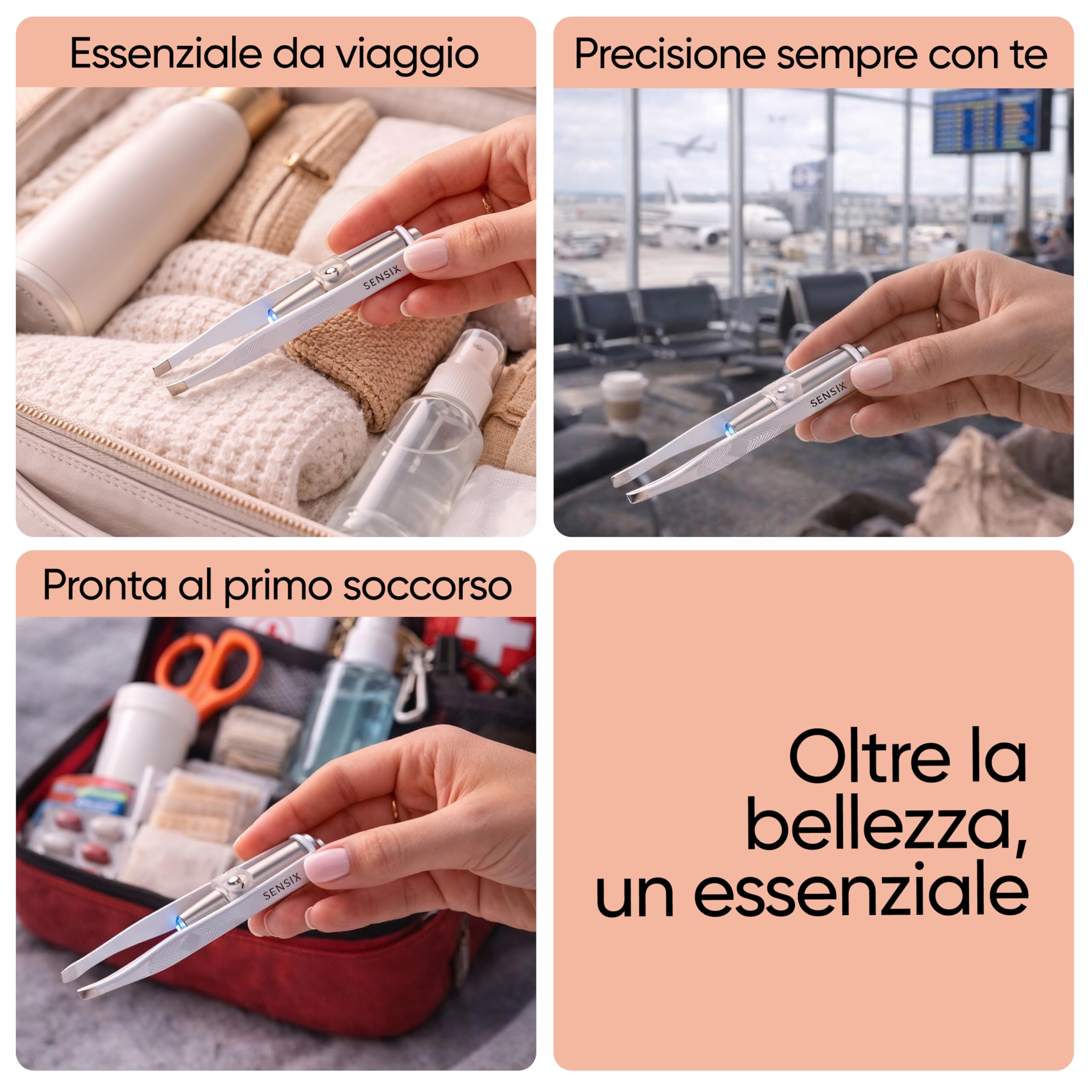 Sensica Pinzette Sopracciglia con Luce LED Professionali – Pinzette di Alta Precisione a Punta Obliqua in Acciaio Inox, Pinzette Luminose per Peli Incarniti e Viso, Idea Regalo Donna