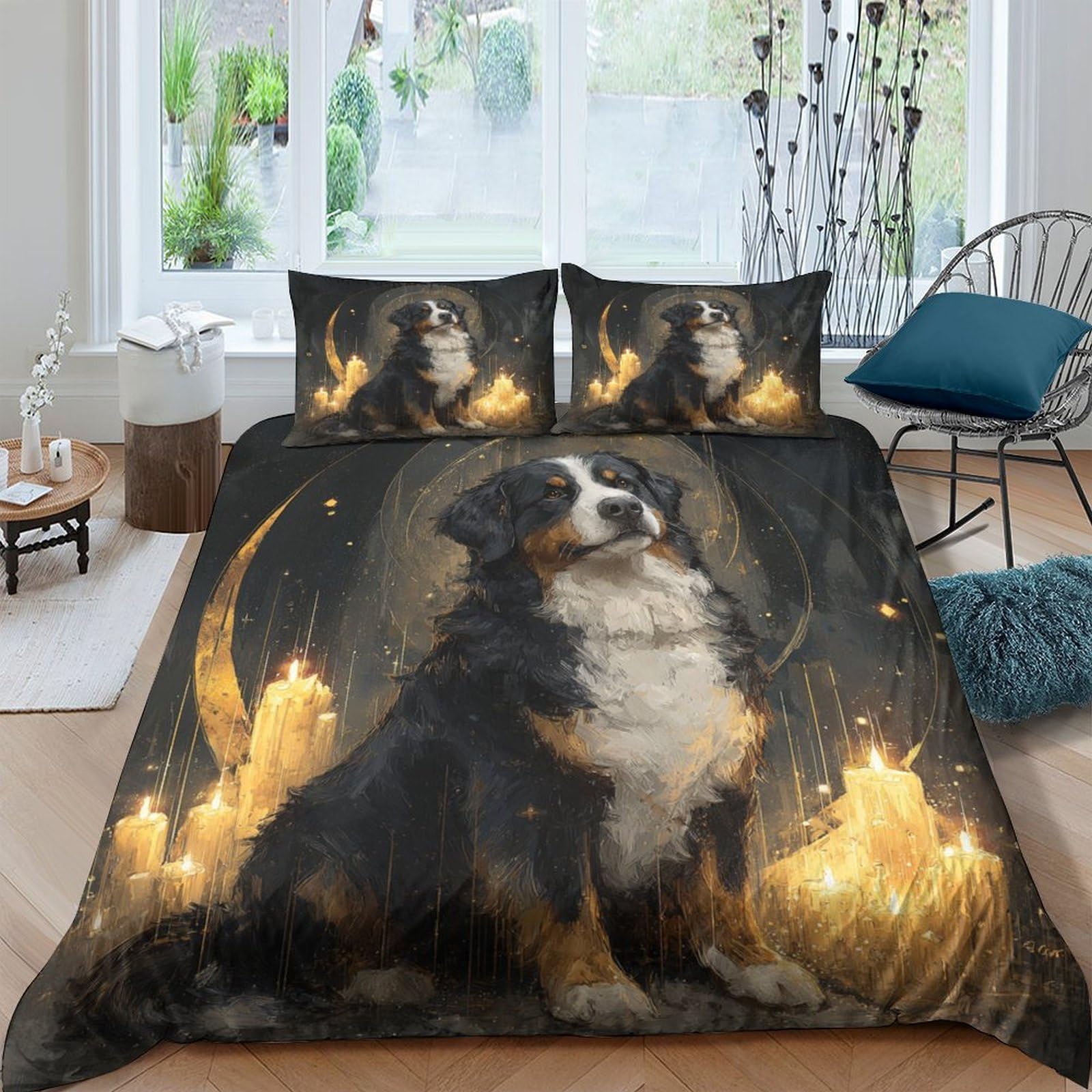 GPLZQXKJNH 3D Printed Bernese Mountain Dog Duvet Cover Microfiber Soft Breathable Candlelight Quilt Cover with 2 Pillowcases for Bedroom Decor Single（135x200cm）