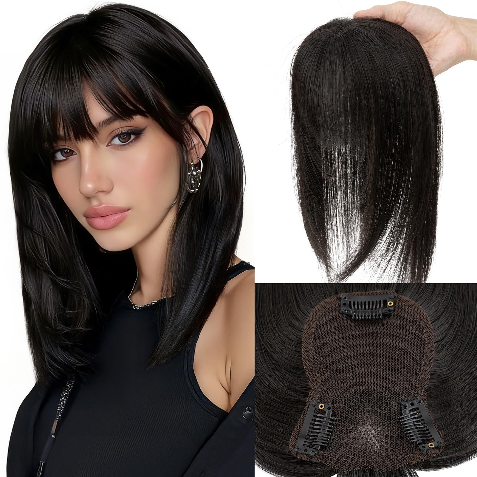 Elailite Hair Topper Prawdziwe Włosy Damskie Clip in Jedwabna Koronka 25cm Protesi Toupee Frangia Sottile (Hand-tie Base 8x11.5cm) 27g #1B Nero Naturale