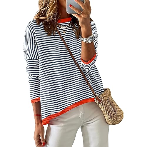 ZESICA Womens Spring Striped Sweaters Long Sleeve Crew Neck Shirts Color Block Lightweight Pullover Tops