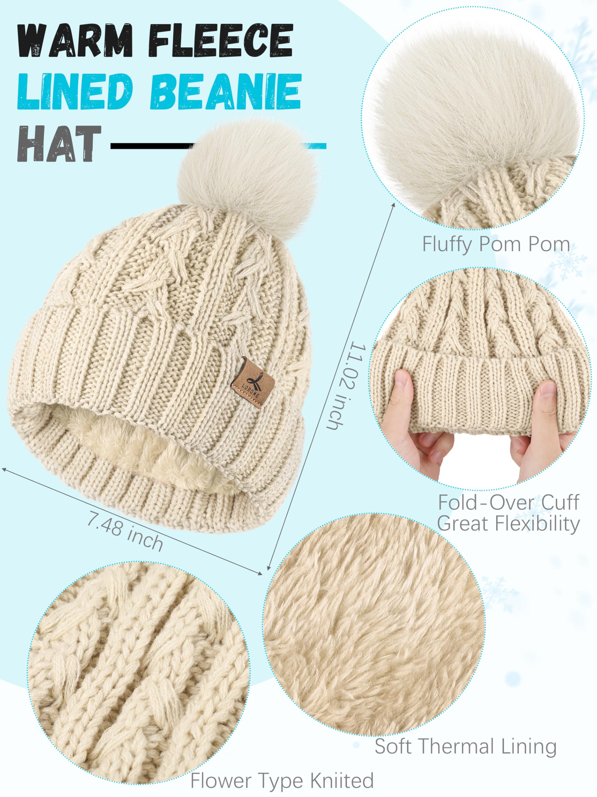 Wintermütze, Schal, Handschuhe, Set, Fleece-gefüttert, Bommelmütze, warm, gestrickt, langer Schal, Touchscreen-Handschuhe, Wintergeschenk für Damen