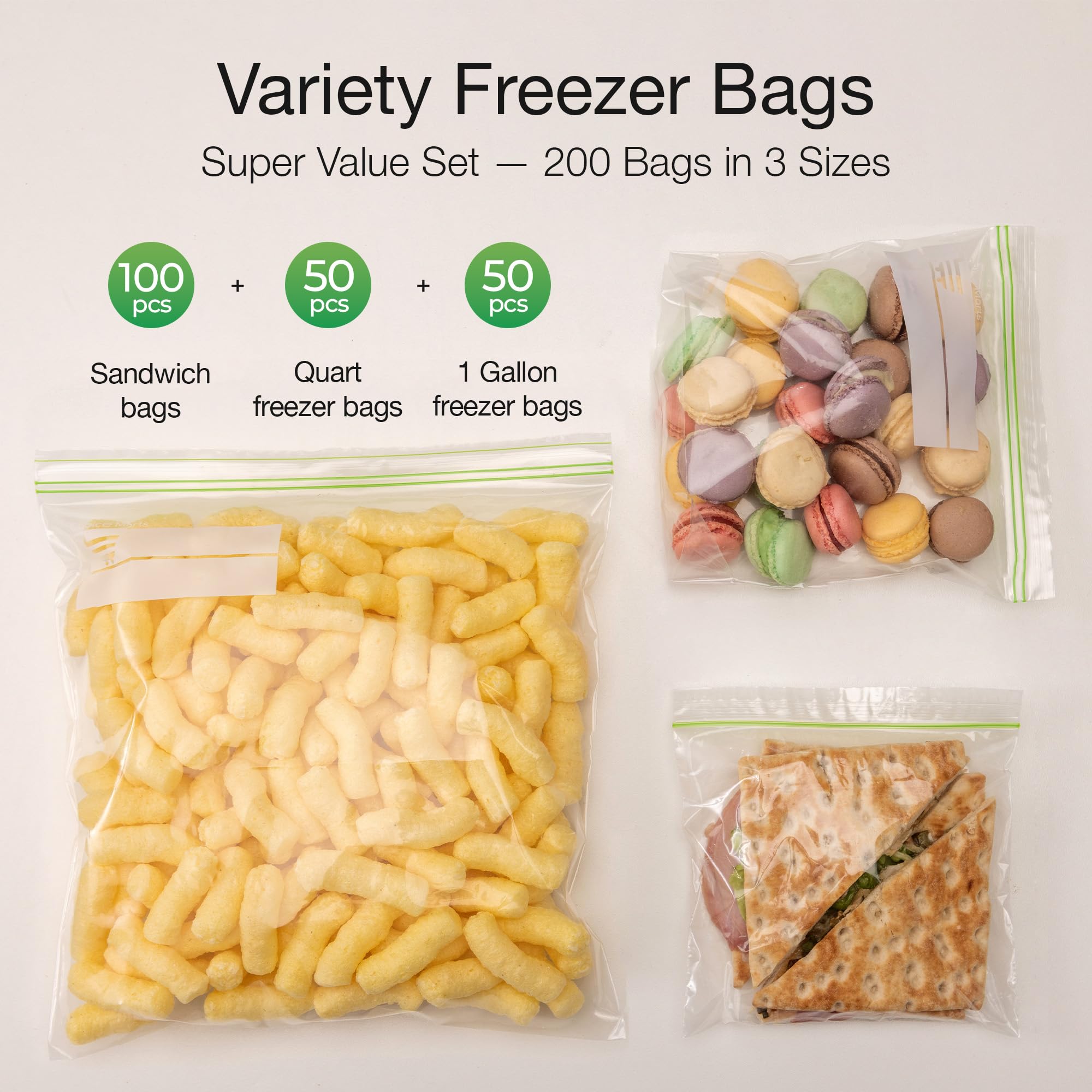 Baggies - Paquete variado de 200 unidades con 50 galones, 50 cuartos de galón, 100 sándwiches, bolsas de congelador resistentes 2