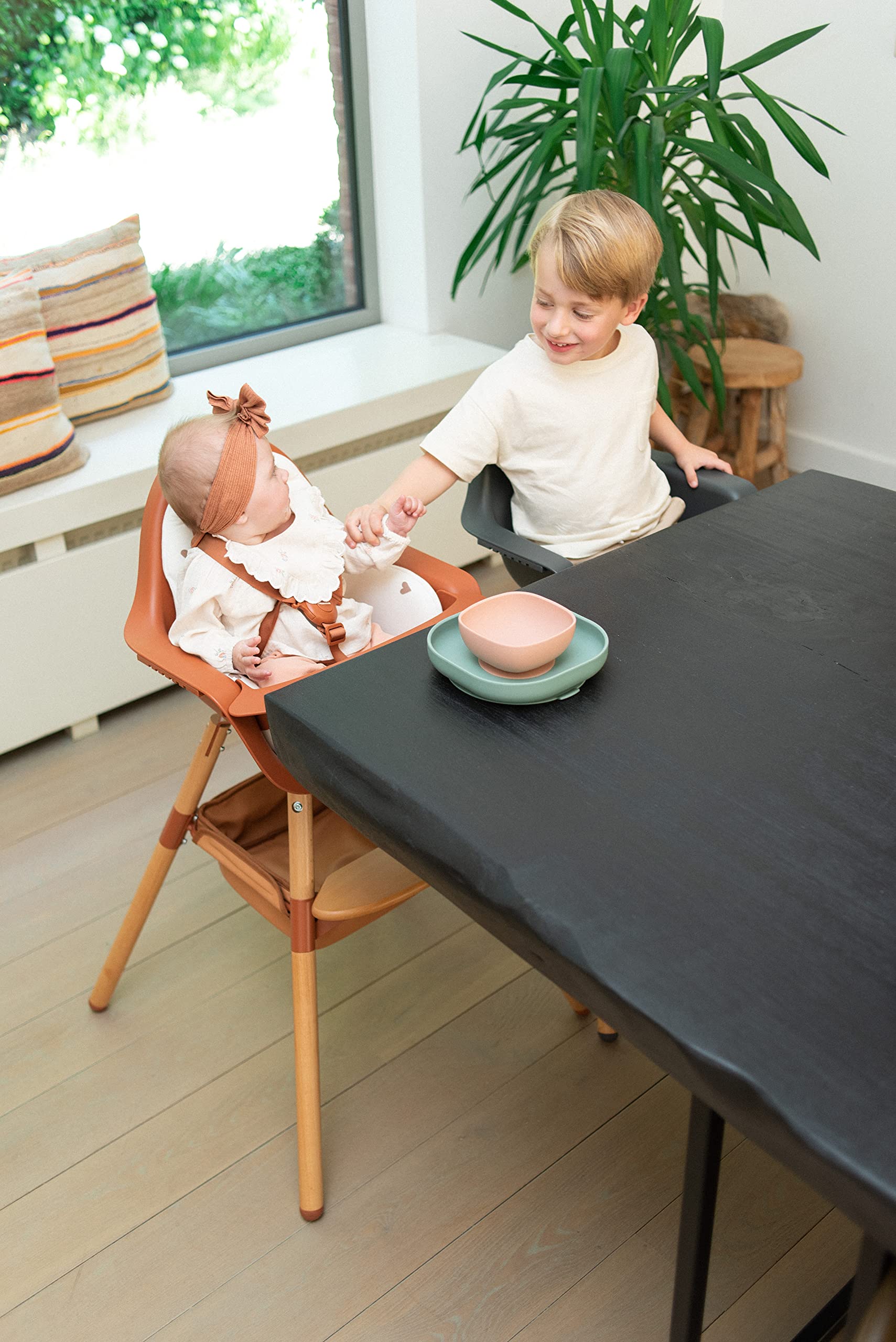CHILDHOME, Chaise Haute Bébé/Enfant, Evolutive, Dès 6 Mois, Réglable En Hauteur, Harnais 5 Points, Nombreux Accessoires, Compatible Avec Transat Naissance Evolu, Bois De Hêtre, Evolu 2, Terracotta