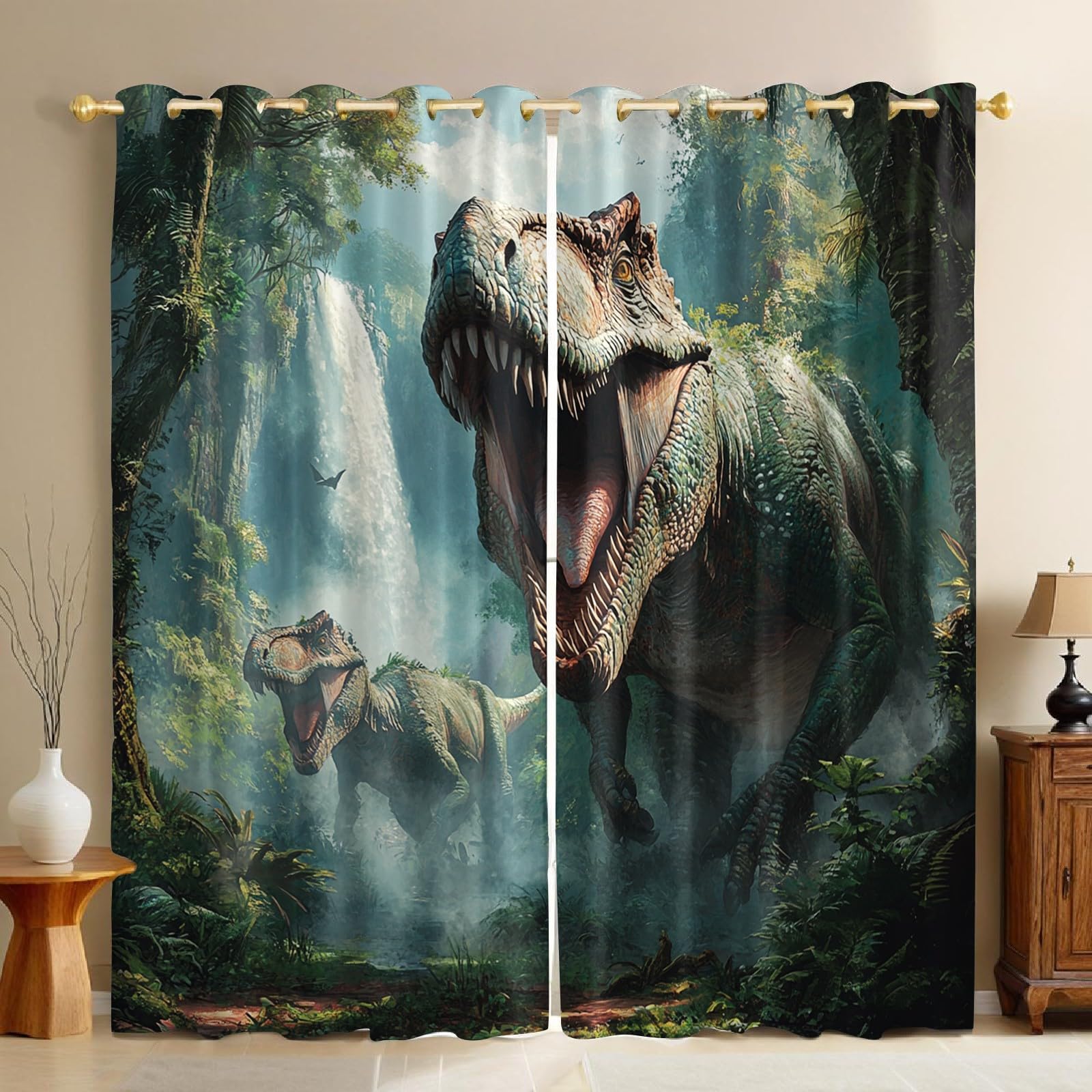 Rideaux Thermiques Animaux Dinosaures Lot de 2 Occultants Phoniques et Anti Froid avec Œillets Vert pour Chambre et Salon 140L X 245H cm