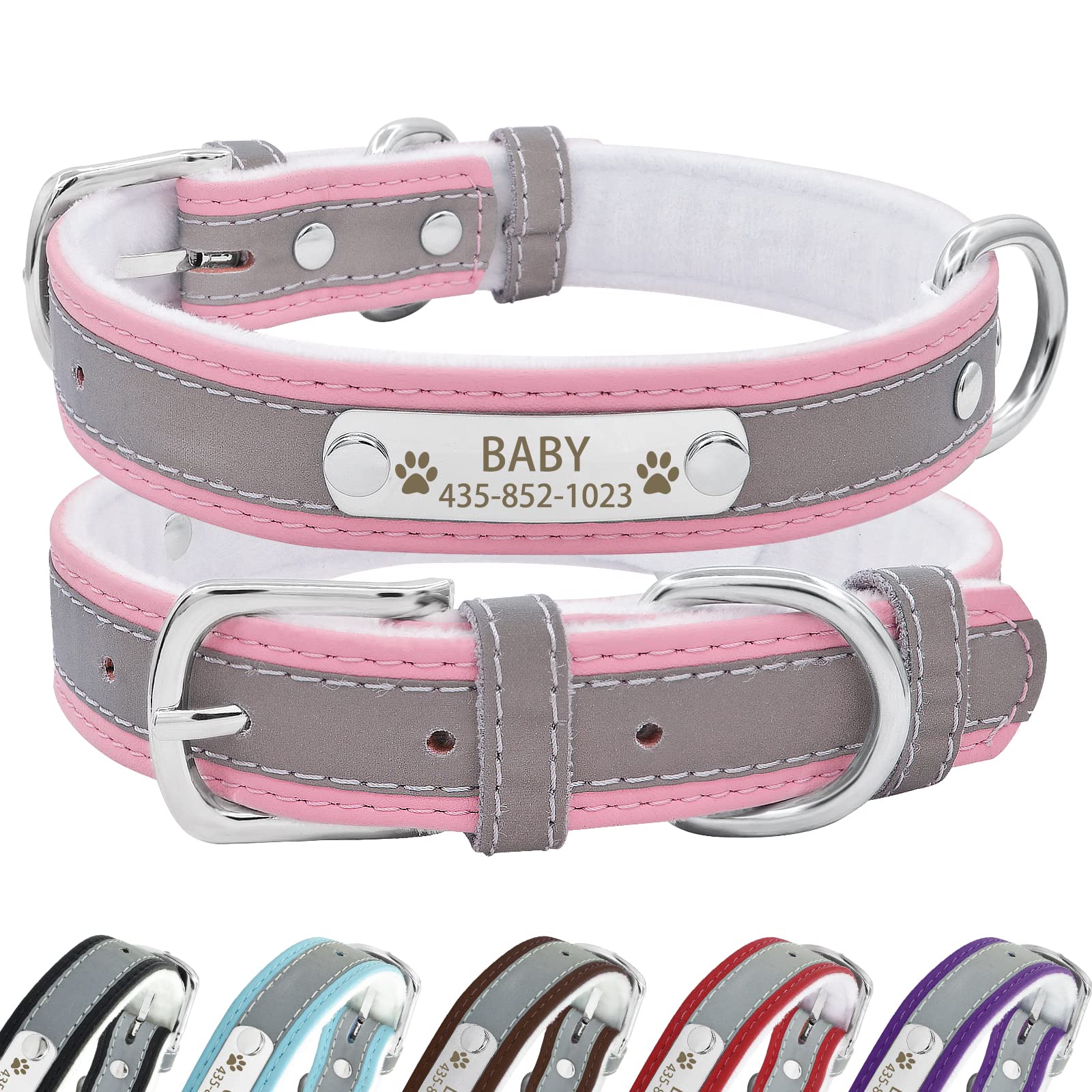 Senristar Personalised Reflective Leather Dog Collar with Warm Lining,Custom Dog Collar with Name Plate Engraved for Small Medium Large Dogs & Cats — image 1