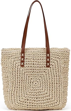 Straw Beach Bag Leather Tote Bag for Women Woven Shoulder Crochet Purse Beach Clutch Purses for Travel Vacation