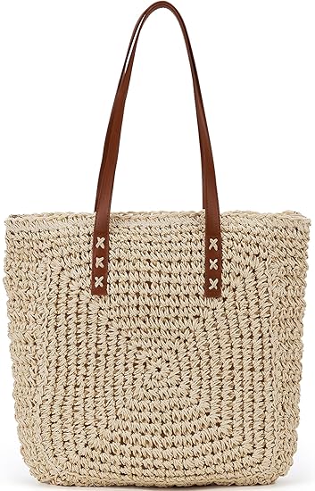 Straw Beach Bag Leather Tote Bag for Women Woven Shoulder Crochet Purse Beach Clutch Purses for Travel Vacation