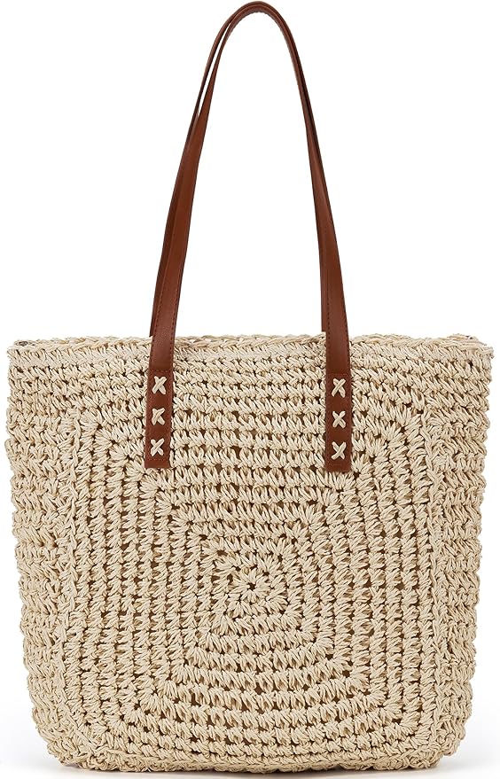 Straw Beach Bag Leather Tote Bag for Women Woven Shoulder Crochet Purse Beach Clutch Purses for Travel Vacation