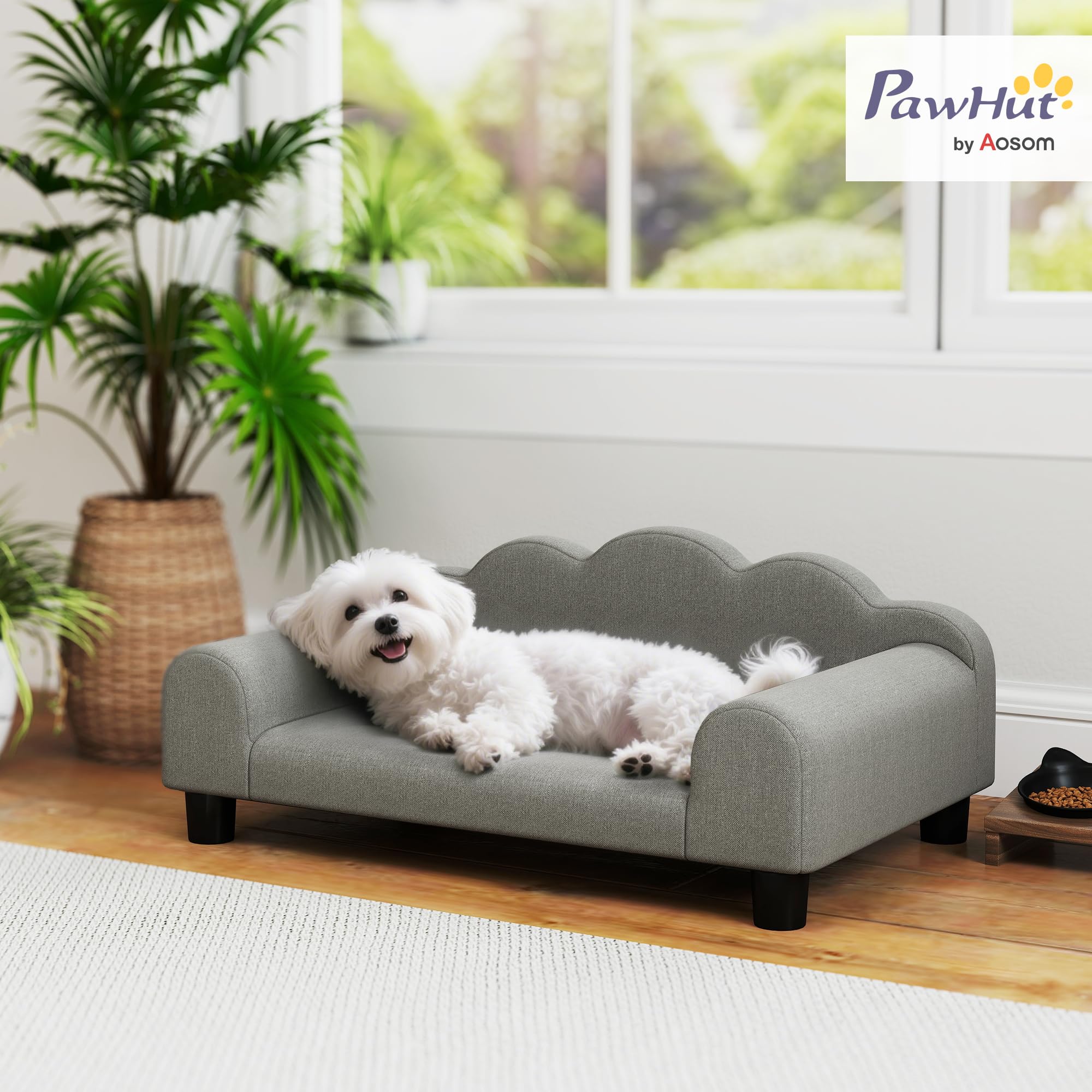 PawHut Divano per Cani Piccoli Morbido con Braccioli di Supporto, Divanetto per Cani in Legno e Tessuto French Terry, 66x42x28.5 cm, Grigio