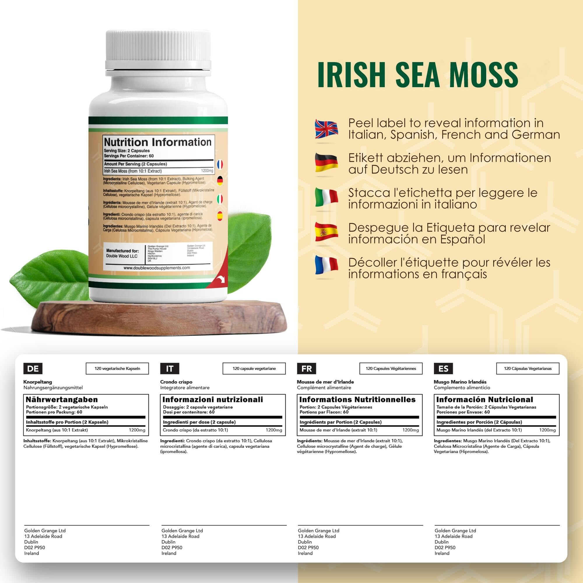DW Irish Sea Moss Capsules | 120 Complements Mousse de Mer d' Irlande - 1200 mg Seamoss Haute Teneur par Portion | Sans OGM Sans Gluten | Fabriqué au Royaume-Uni