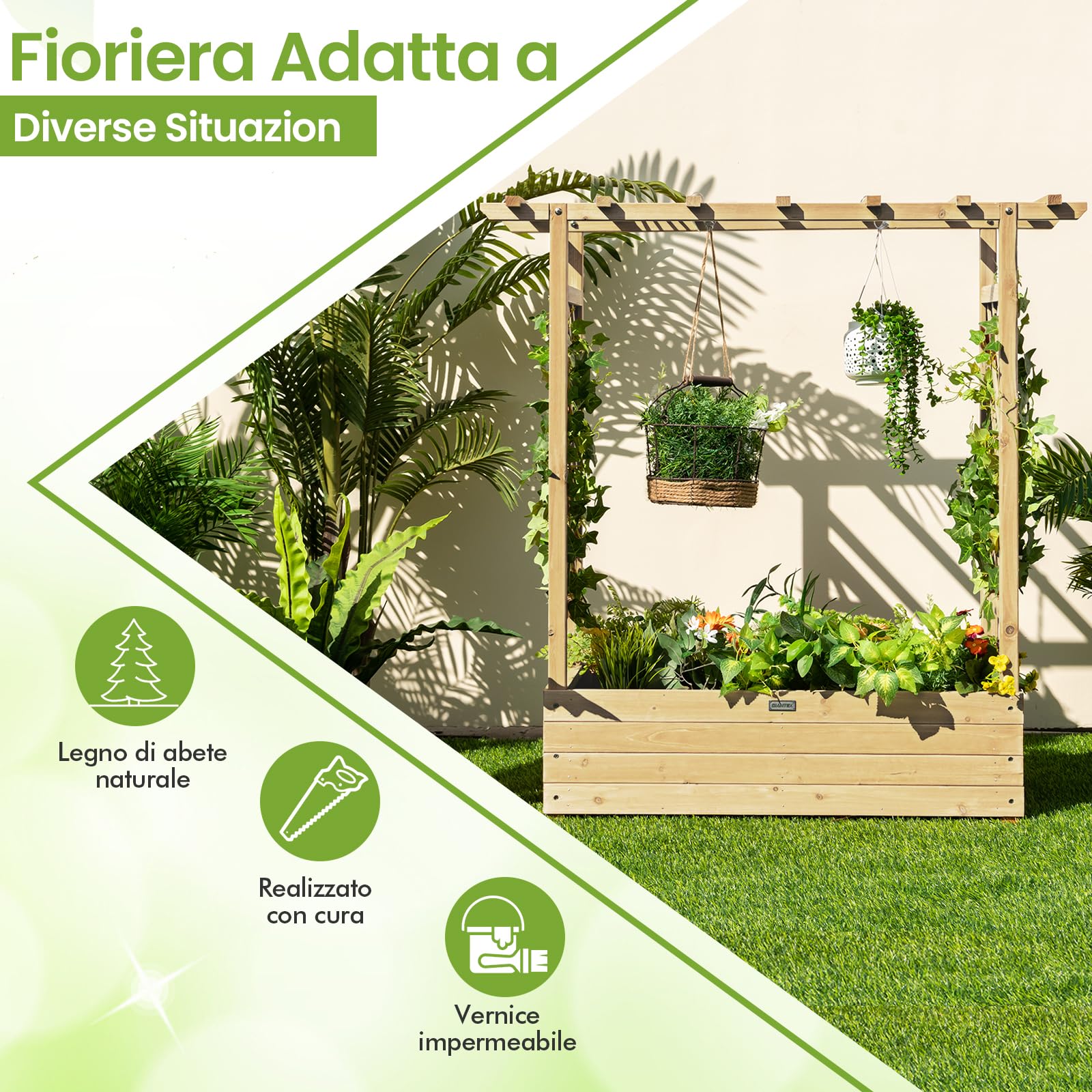 RELAX4LIFE Fioriera da Esterno con Traliccio Superiore e 2 Griglie Laterali, Orto Rialzato da Giardino in Legno di Abete con Drenaggio per Piante Rampicanti, Frutti e Fiori (Naturale, 110x44x114cm)