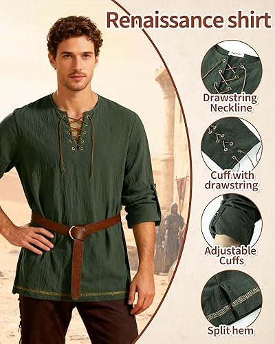 Miniatura 3 de Camisa de pirata para hombre, de algodón y lino, de manga larga, con cordones, camisa renacentista, disfraz medieval con cinturón para Halloween