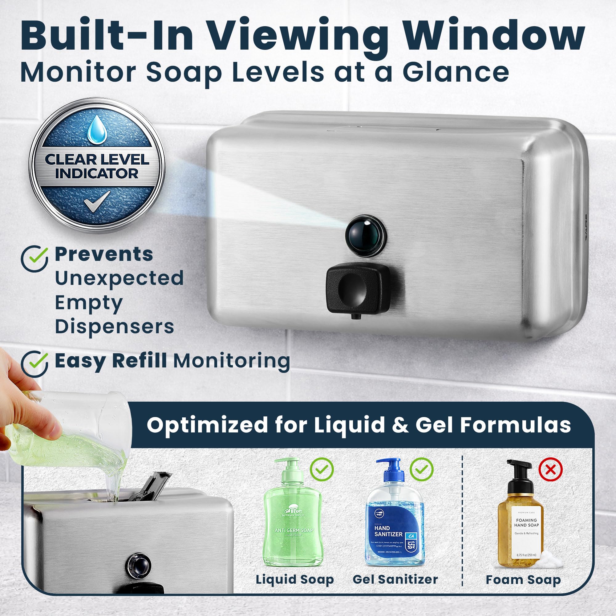 Alpine Dispensador de jabón líquido de acero inoxidable, montaje en superficie, 1,2 l de capacidad