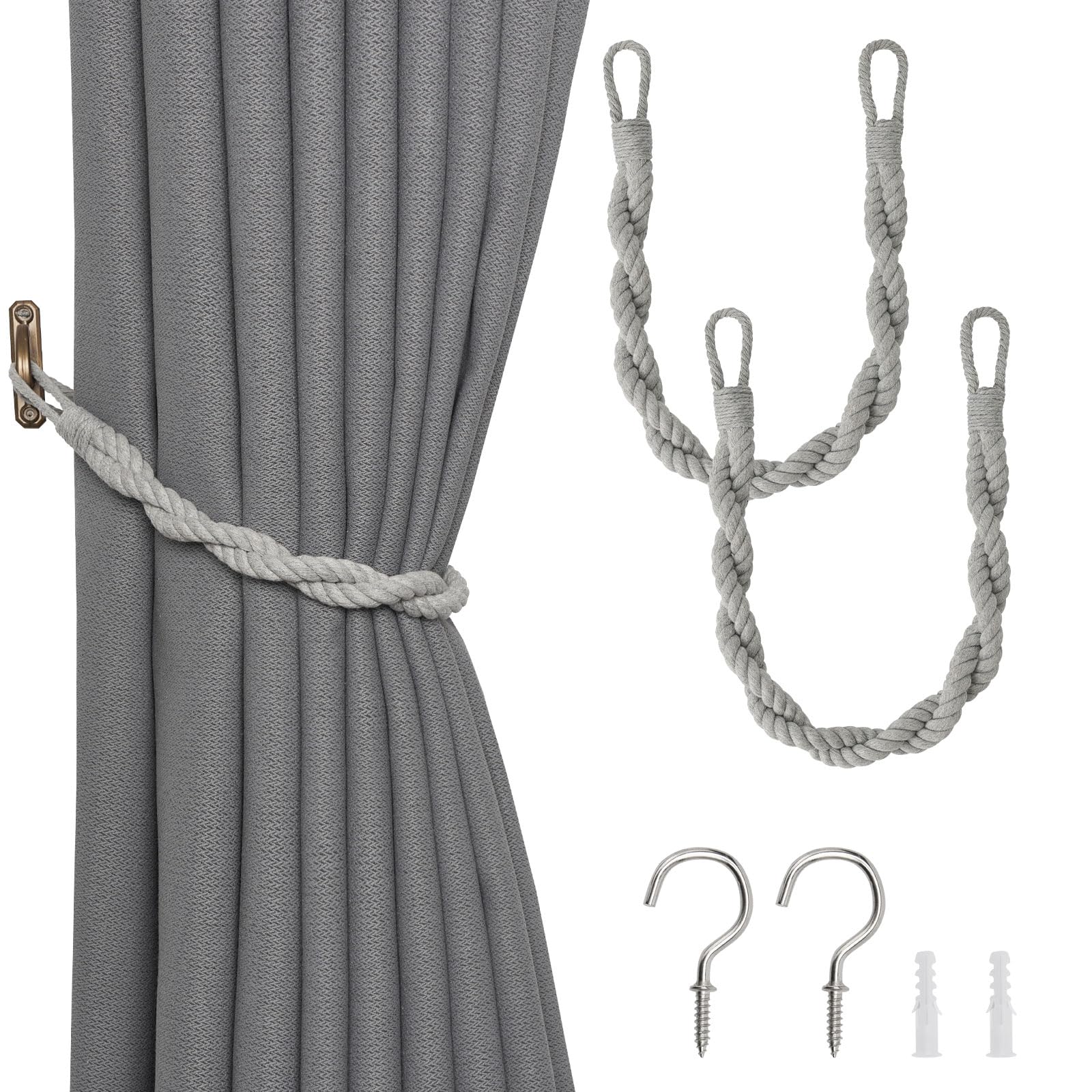 NICEEC 2 Pack Natural Cotton Rope Curtain Tiebacks Elegant Boho Style Decor Drape Tie Backs Soft Hand-Woven Double Rope Curtain Holdbacks with Metal