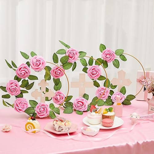 Miniatura 6 de Wesiti 48 piezas de centro de mesa de bautismo, decoración de bautismo para mesa, 12 cruces de madera, 12 aros florales de metal con soporte, 24